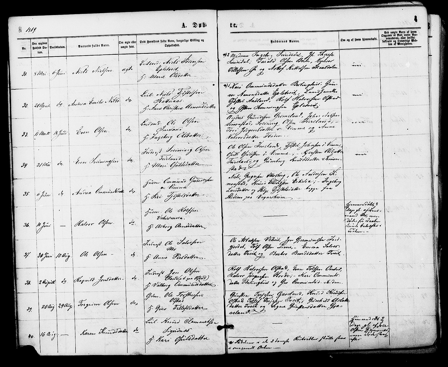 Åmli sokneprestkontor, AV/SAK-1111-0050/F/Fa/Fac/L0009: Ministerialbok nr. A 9 /1, 1869-1884, s. 4