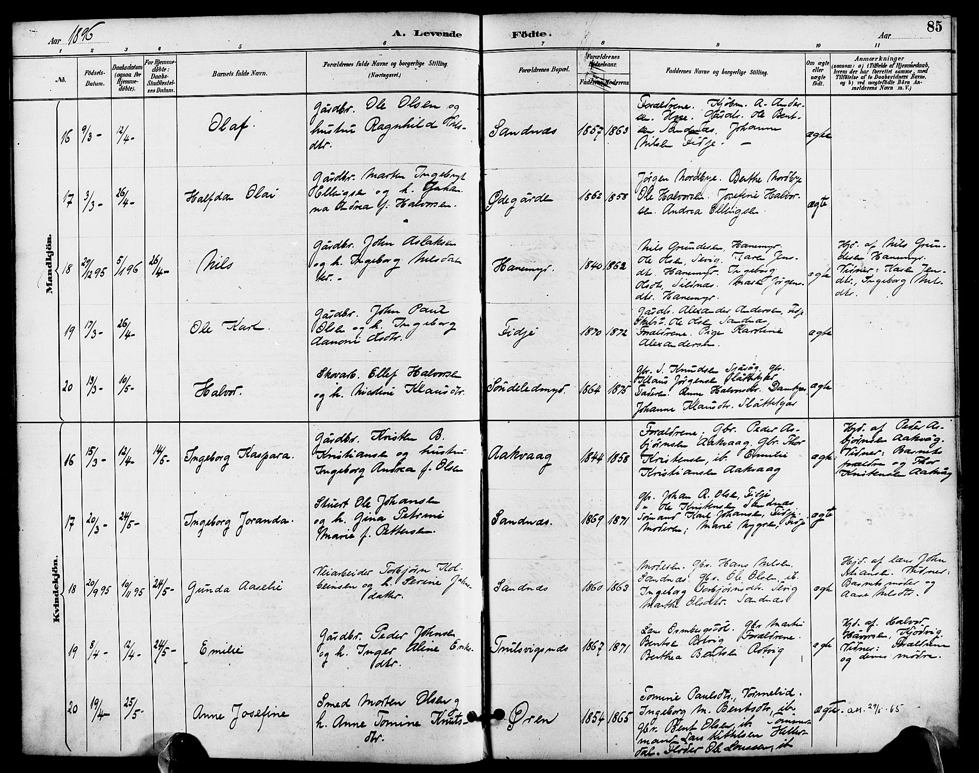 Søndeled sokneprestkontor, SAK/1111-0038/F/Fa/L0005: Ministerialbok nr. A 5, 1889-1899, s. 85