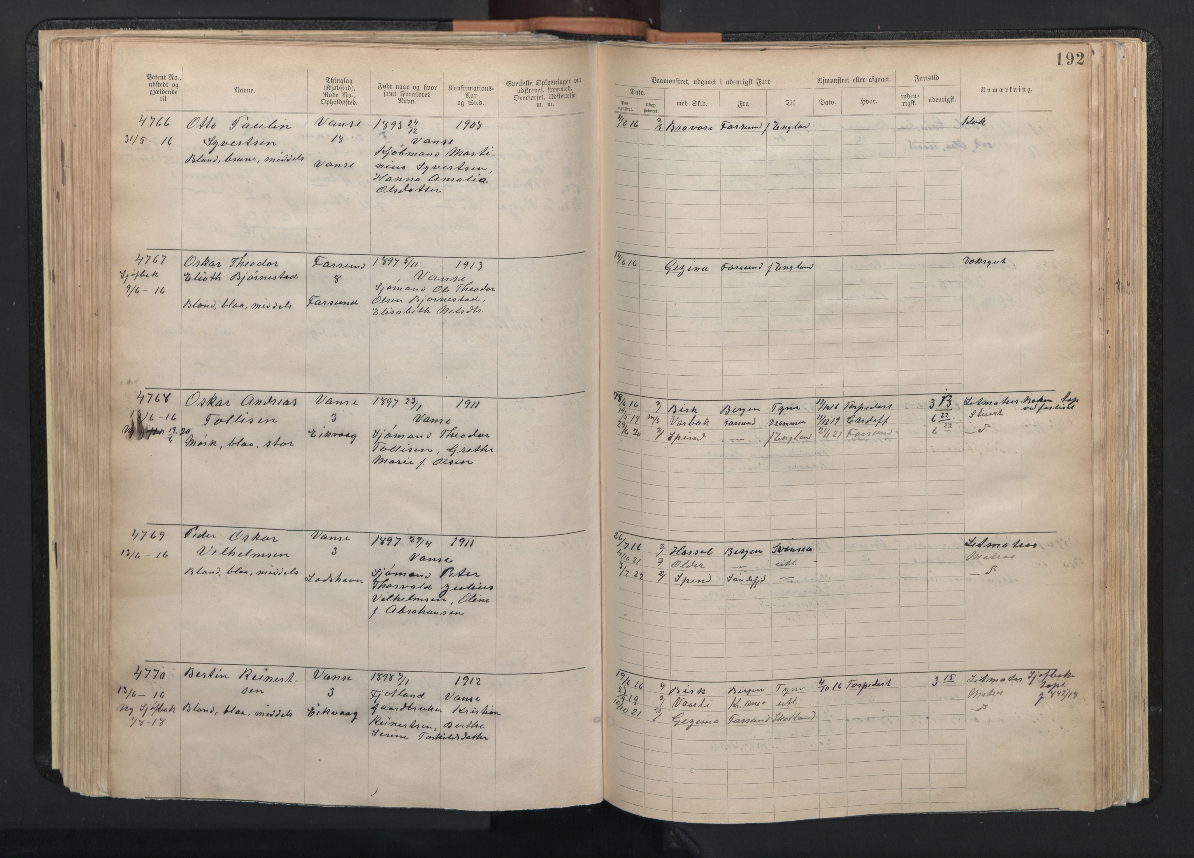 Farsund mønstringskrets, SAK/2031-0017/F/Fa/L0003: Annotasjonsrulle nr 3816-5304 med register, M-3, 1894-1948, s. 223