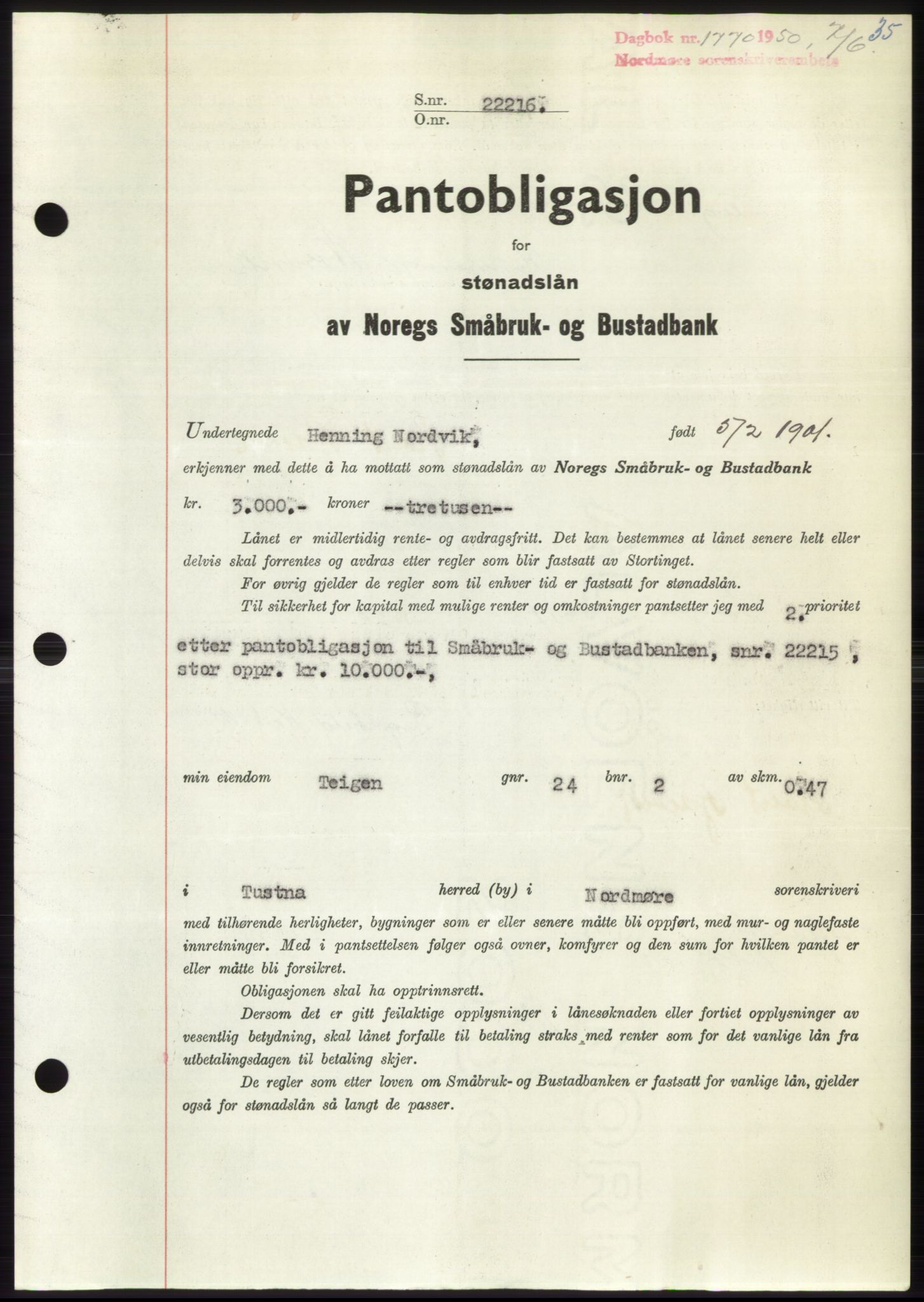 Nordmøre sorenskriveri, AV/SAT-A-4132/1/2/2Ca: Pantebok nr. B105, 1950-1950, Dagboknr: 1770/1950