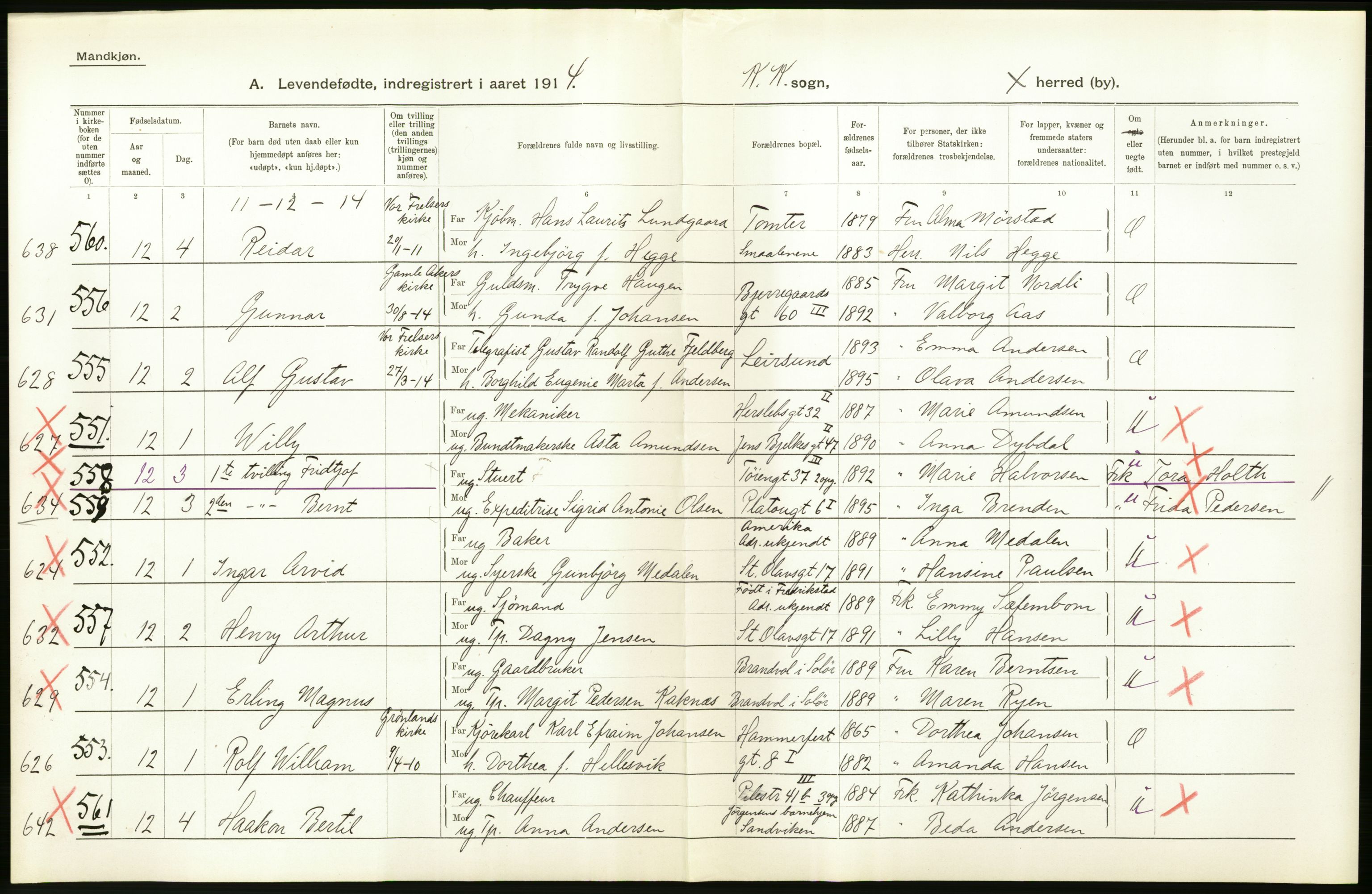 Statistisk sentralbyrå, Sosiodemografiske emner, Befolkning, AV/RA-S-2228/D/Df/Dfb/Dfbd/L0005: Kristiania: Levendefødte menn og kvinner., 1914, s. 40