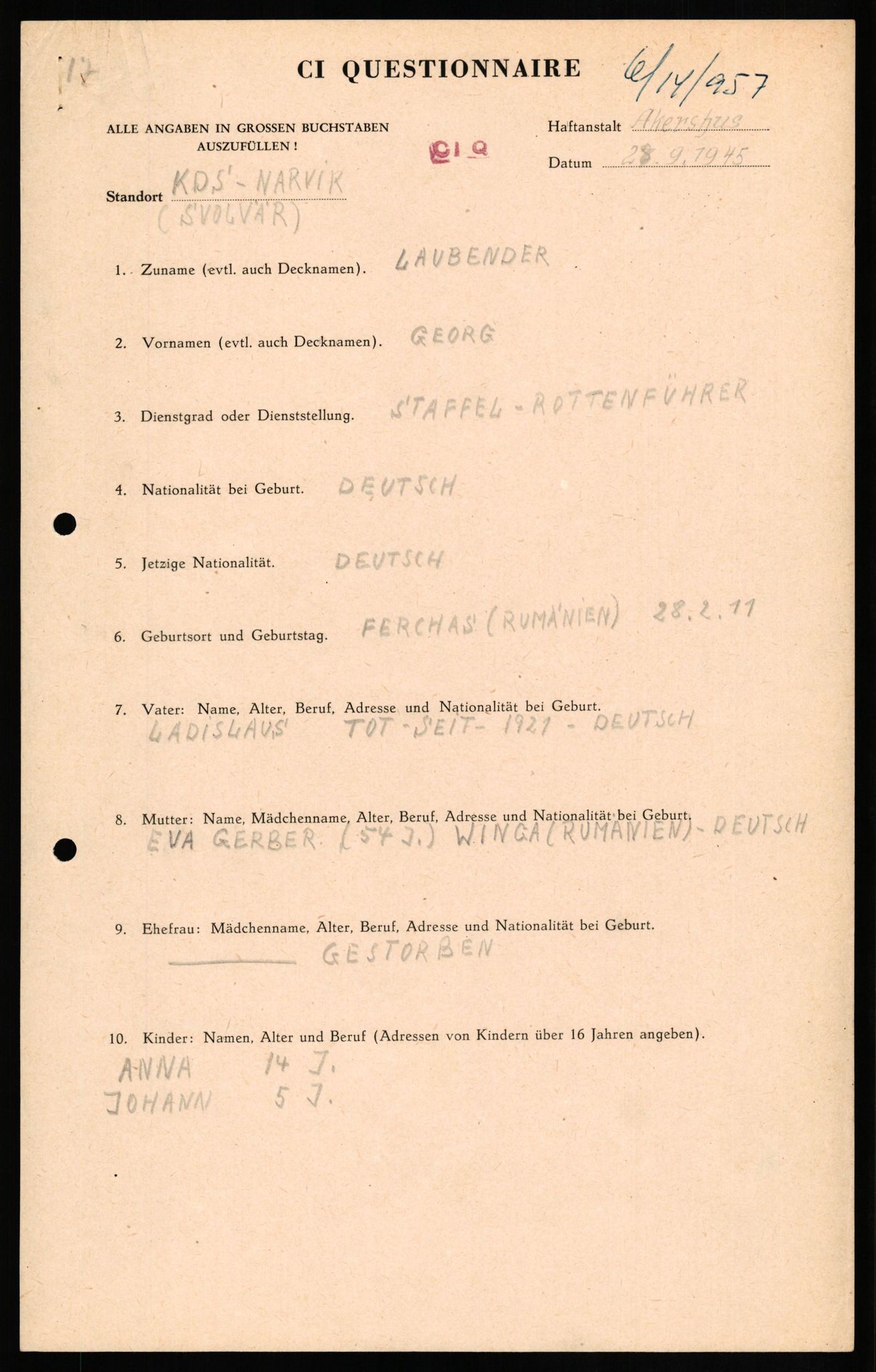 Forsvaret, Forsvarets overkommando II, AV/RA-RAFA-3915/D/Db/L0019: CI Questionaires. Tyske okkupasjonsstyrker i Norge. Tyskere., 1945-1946, s. 494