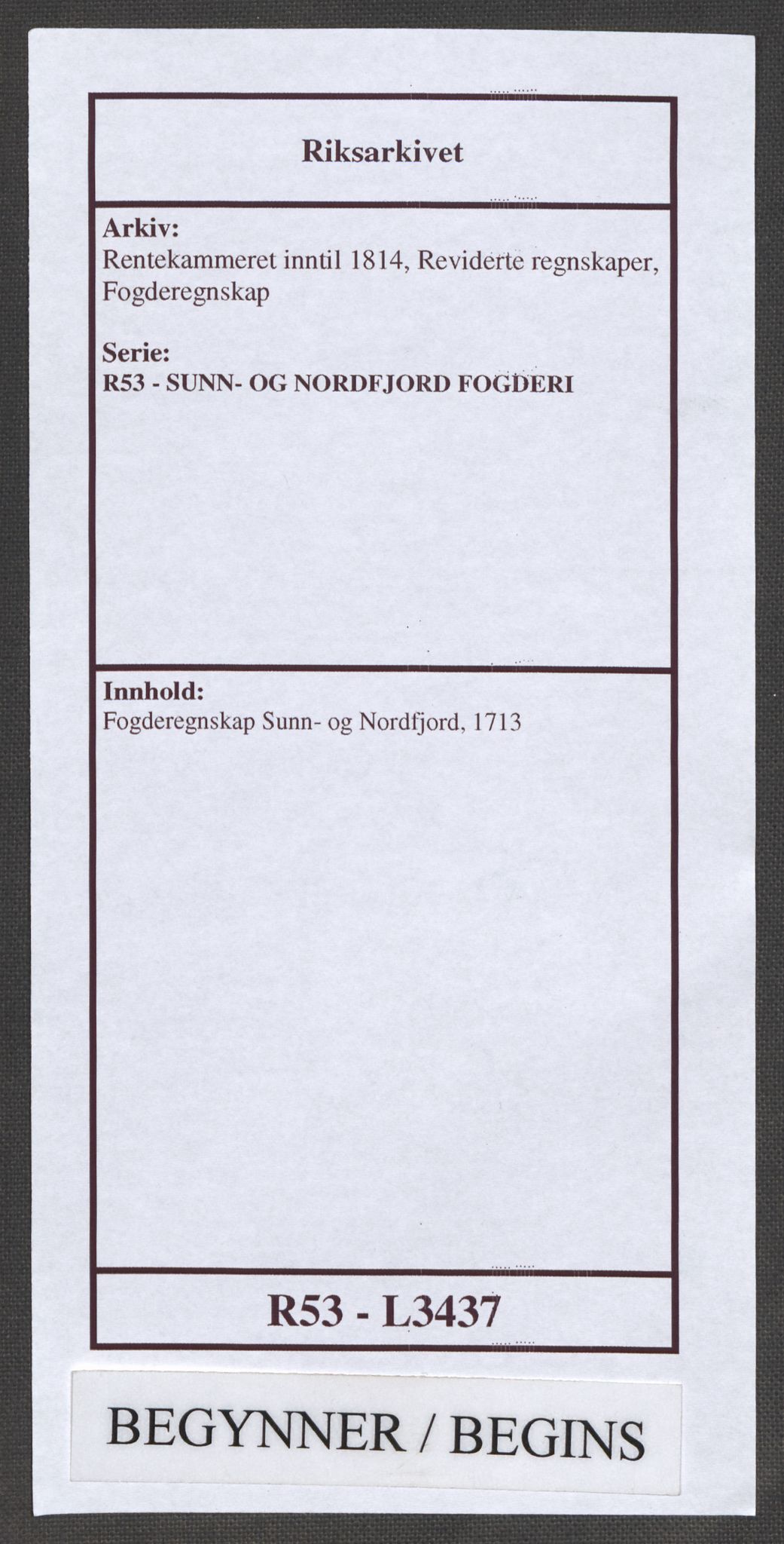 Rentekammeret inntil 1814, Reviderte regnskaper, Fogderegnskap, AV/RA-EA-4092/R53/L3437: Fogderegnskap Sunn- og Nordfjord, 1713, s. 1