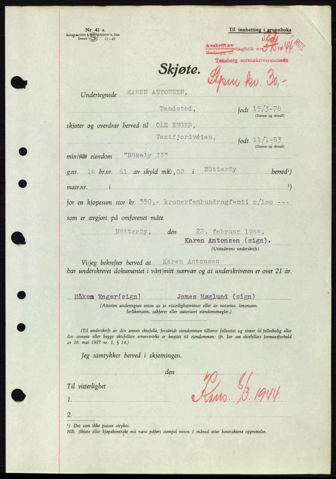 Tønsberg sorenskriveri, AV/SAKO-A-130/G/Ga/Gaa/L0015: Pantebok nr. A15, 1944-1944, Dagboknr: 582/1944