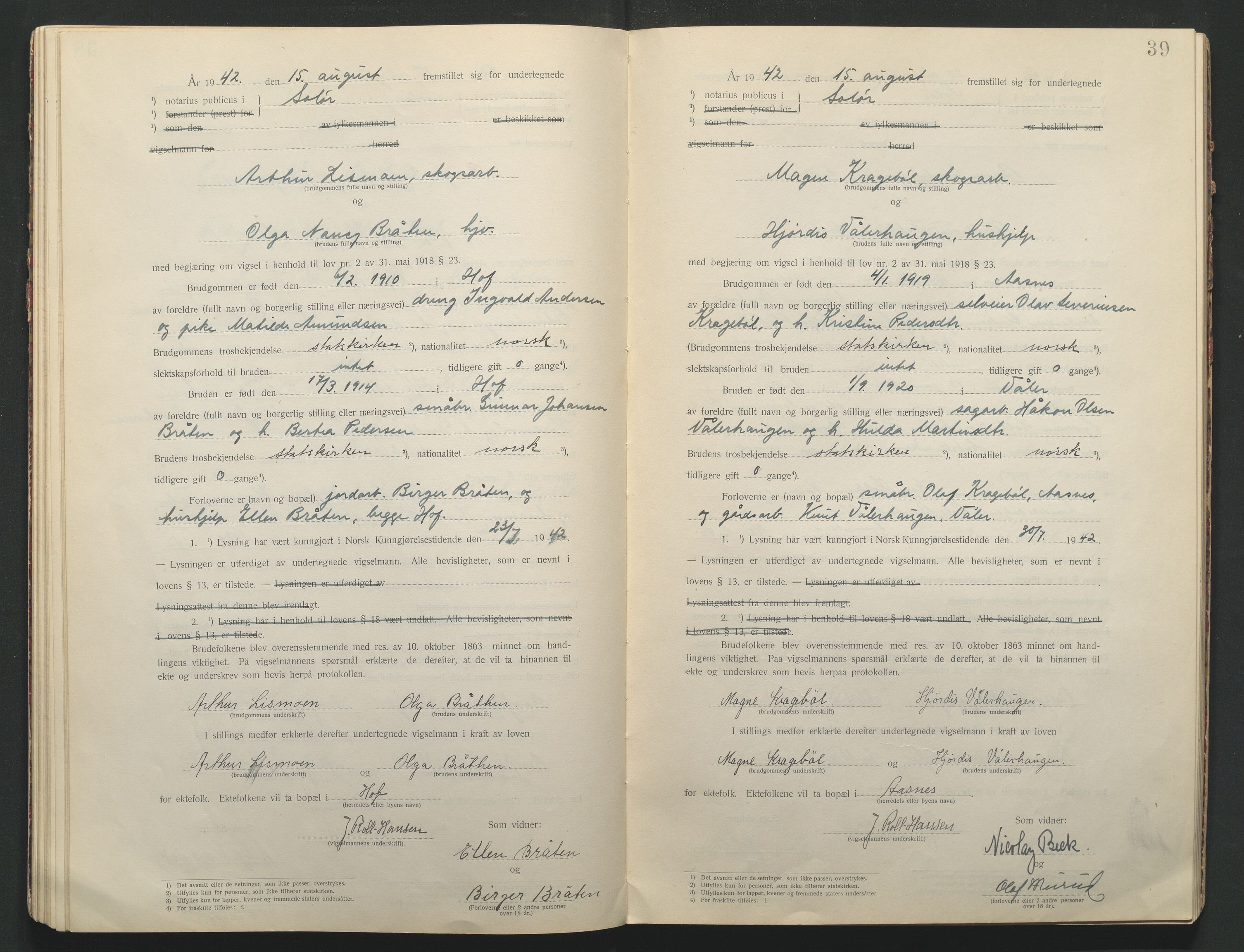 Solør tingrett, AV/SAH-TING-008/L/Lb/L0001: Vigselprotokoll, 1920-1943, s. 39