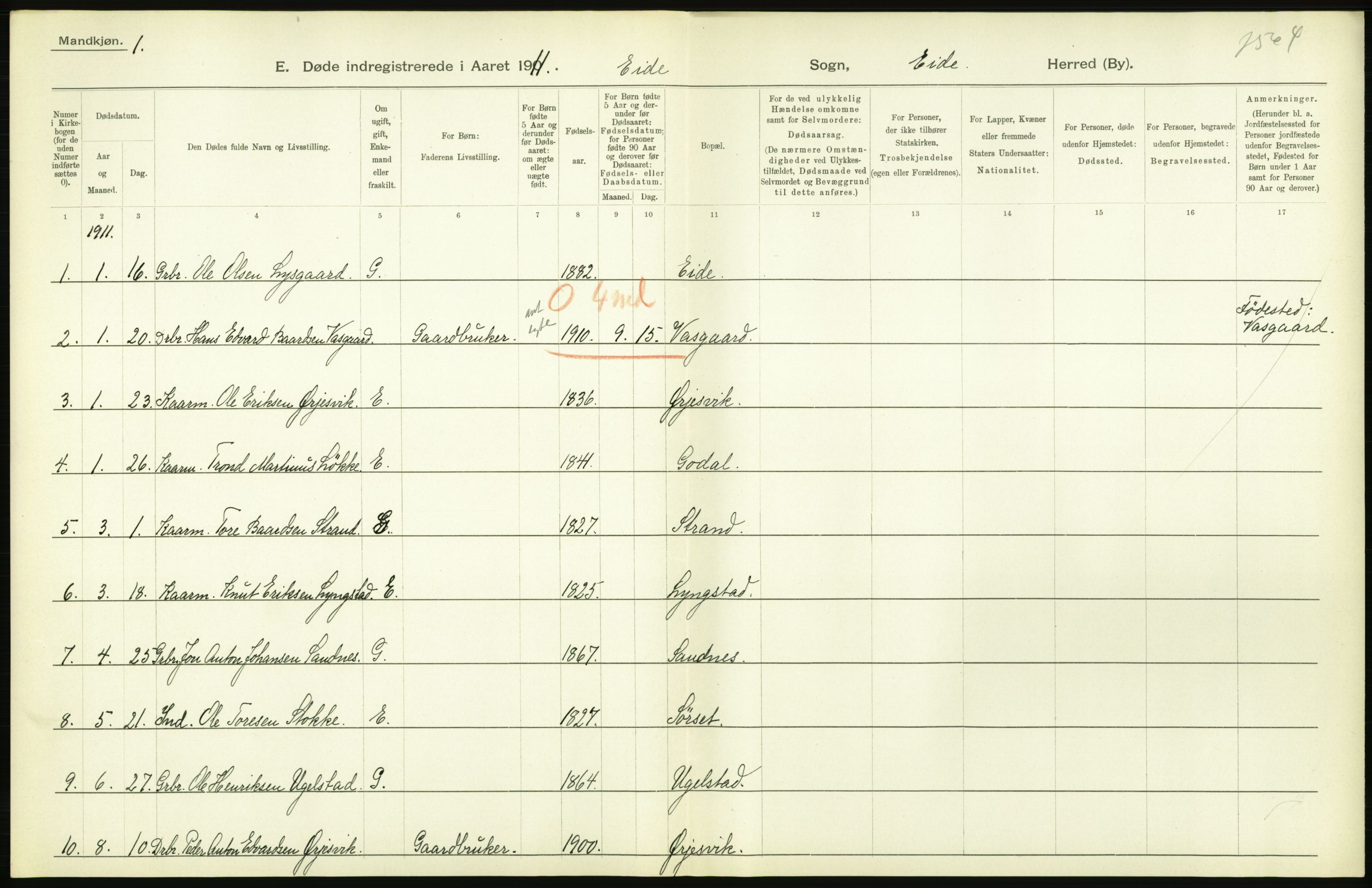 Statistisk sentralbyrå, Sosiodemografiske emner, Befolkning, AV/RA-S-2228/D/Df/Dfb/Dfba/L0038: Romsdals amt:  Døde. Bygder og byer., 1911, s. 18