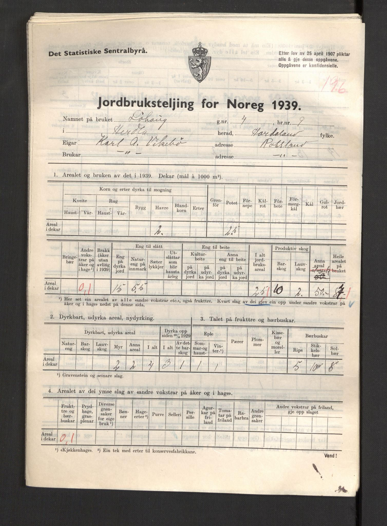 Statistisk sentralbyrå, Næringsøkonomiske emner, Jordbruk, skogbruk, jakt, fiske og fangst, AV/RA-S-2234/G/Gb/L0211: Hordaland: Herdla, Hjelme og Manger, 1939, s. 701