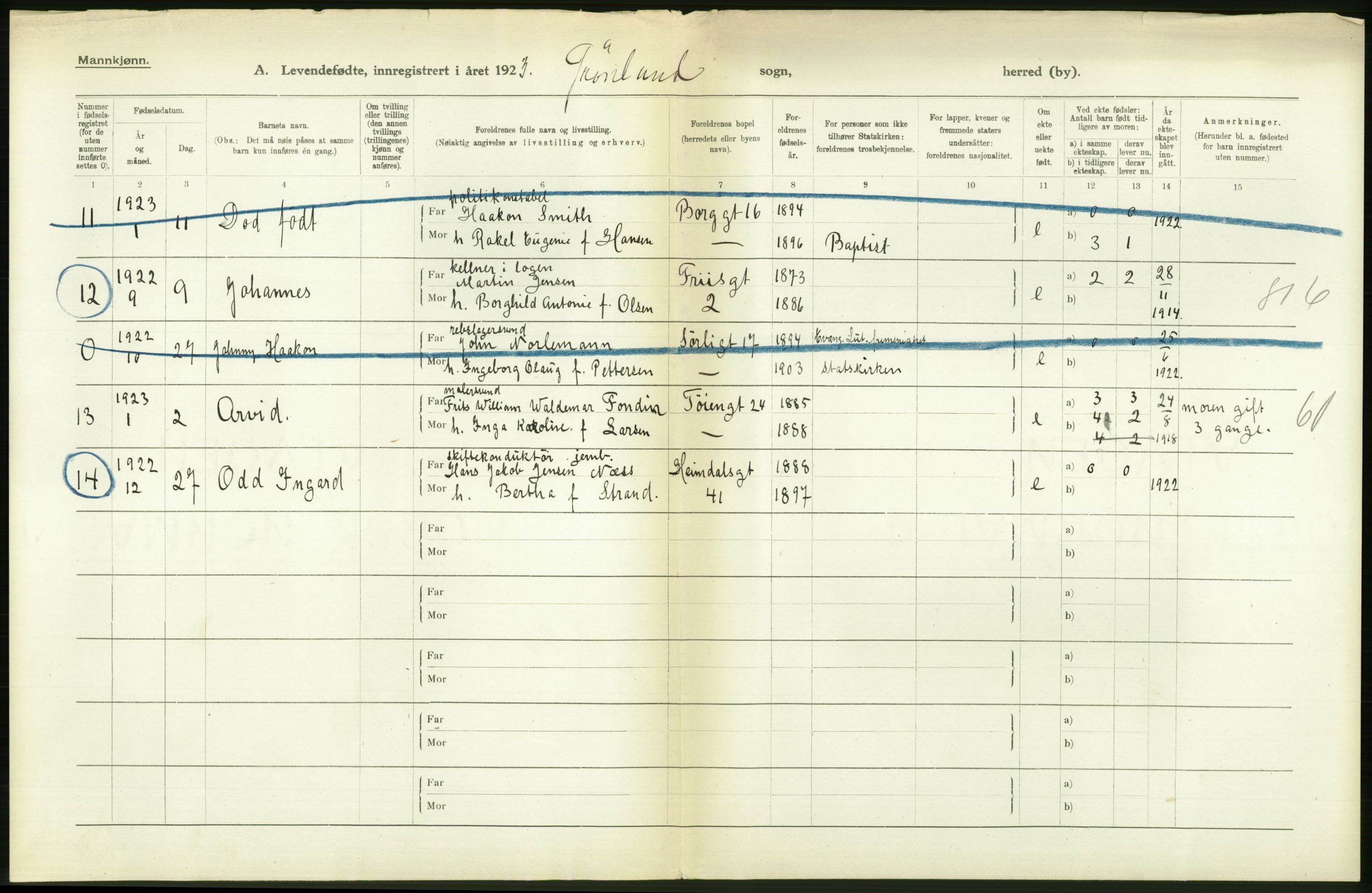 Statistisk sentralbyrå, Sosiodemografiske emner, Befolkning, AV/RA-S-2228/D/Df/Dfc/Dfcc/L0006: Kristiania: Levendefødte menn og kvinner., 1923, s. 182