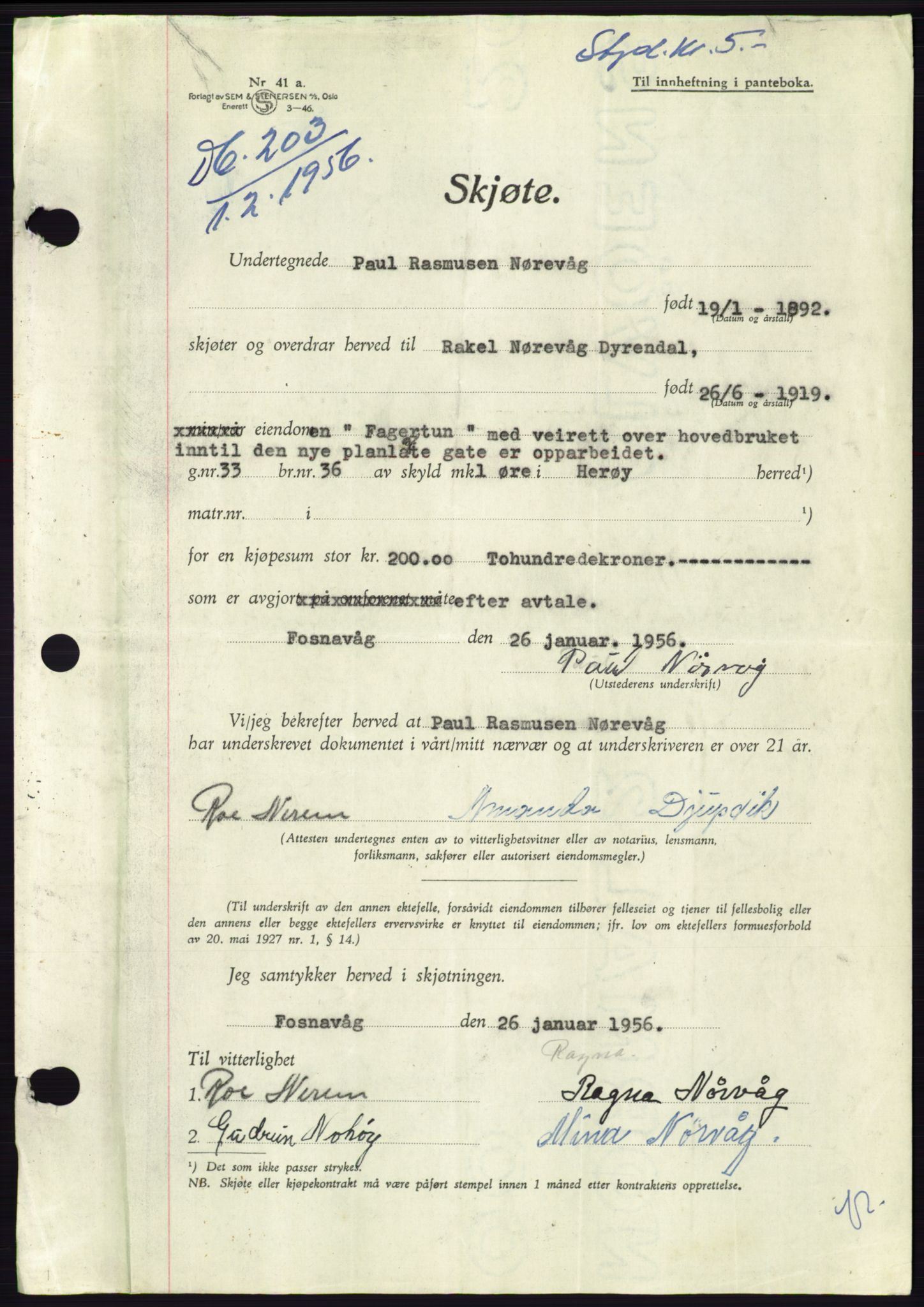 Søre Sunnmøre sorenskriveri, AV/SAT-A-4122/1/2/2C/L0103: Pantebok nr. 29A, 1956-1956, Dagboknr: 203/1956