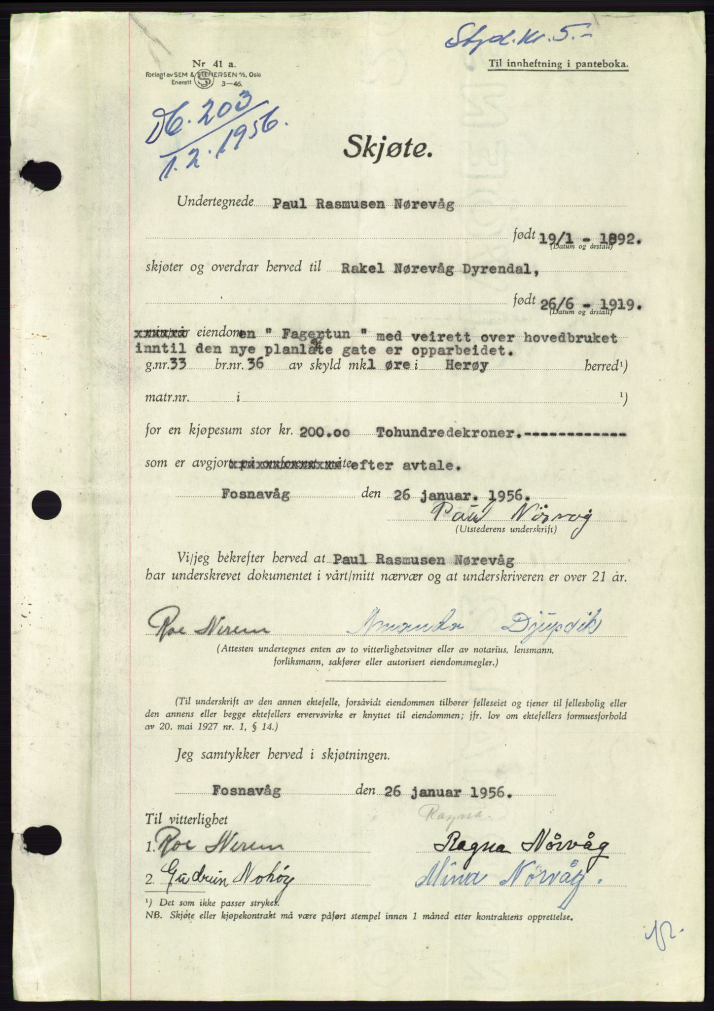 Søre Sunnmøre sorenskriveri, SAT/A-4122/1/2/2C/L0103: Pantebok nr. 29A, 1956-1956, Dagboknr: 203/1956