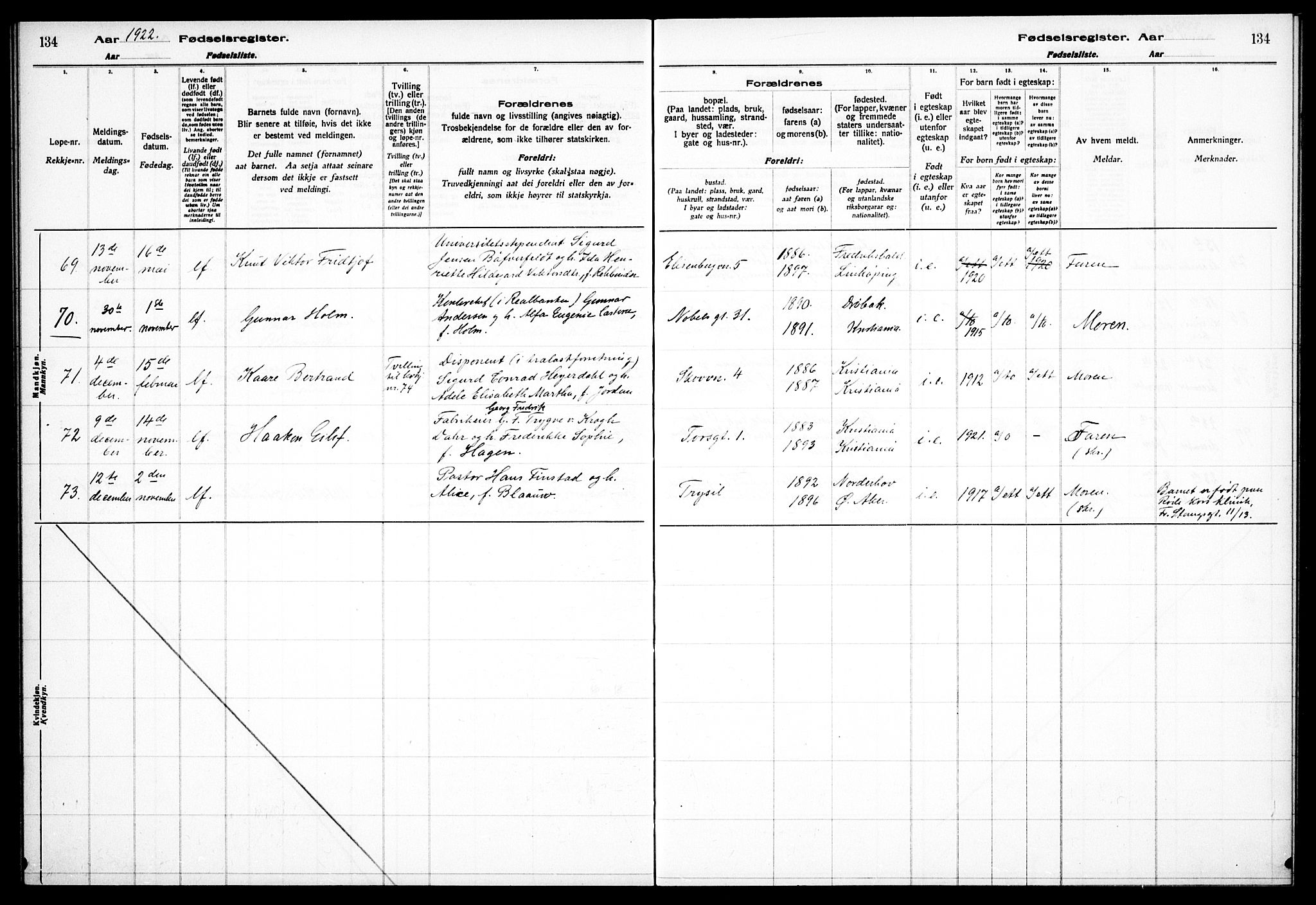 Frogner prestekontor Kirkebøker, AV/SAO-A-10886/J/Ja/L0001: Fødselsregister nr. 1, 1916-1927, s. 134