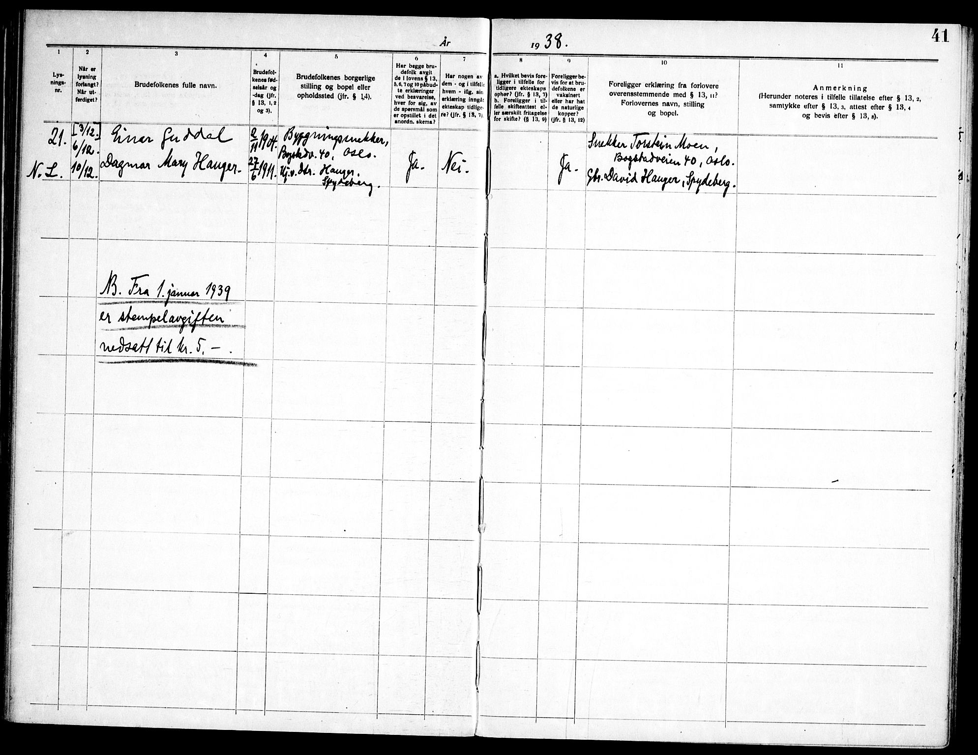 Spydeberg prestekontor Kirkebøker, AV/SAO-A-10924/H/Ha/L0001: Lysningsprotokoll nr. 1, 1919-1966, s. 41