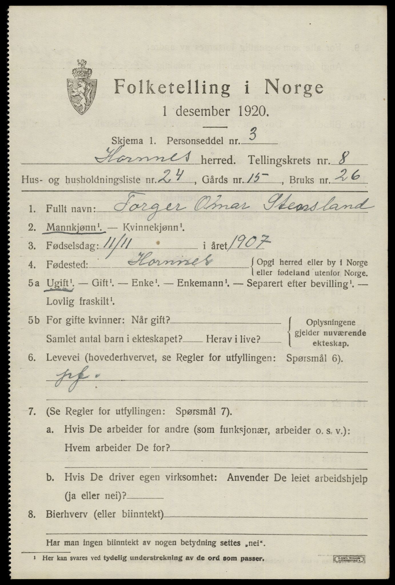 SAK, Folketelling 1920 for 0936 Hornnes herred, 1920, s. 2169