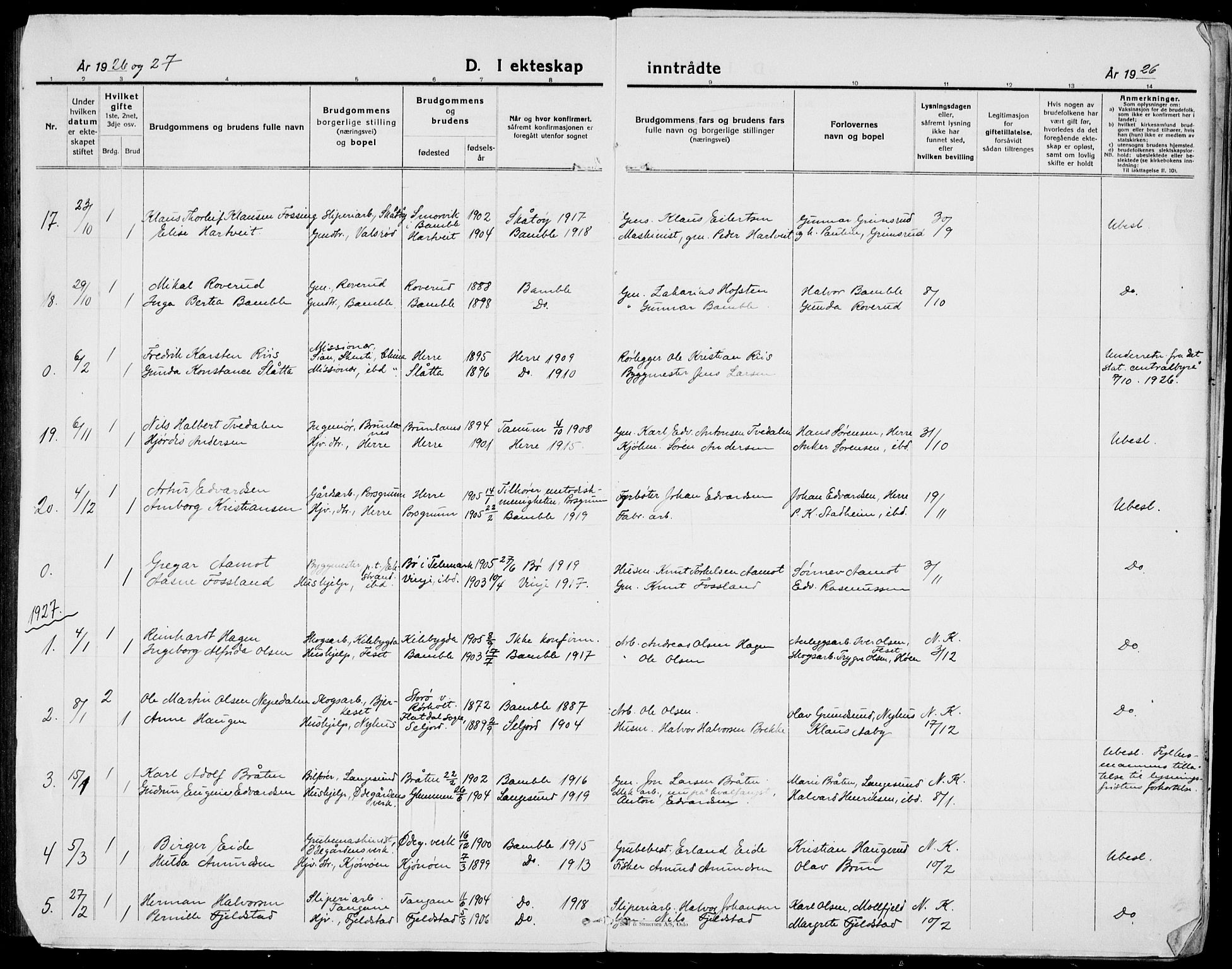 Bamble kirkebøker, AV/SAKO-A-253/G/Ga/L0011: Klokkerbok nr. I 11, 1920-1935