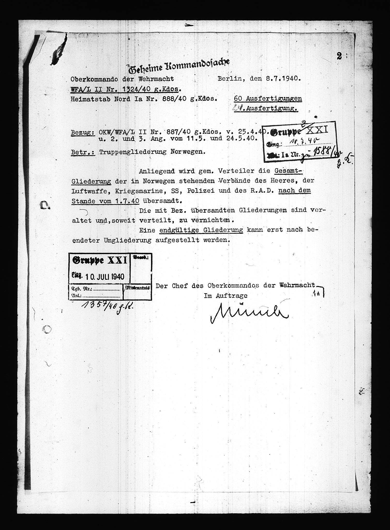 Documents Section, AV/RA-RAFA-2200/V/L0083: Amerikansk mikrofilm "Captured German Documents".
Box No. 722.  FKA jnr. 615/1954., 1940, s. 245