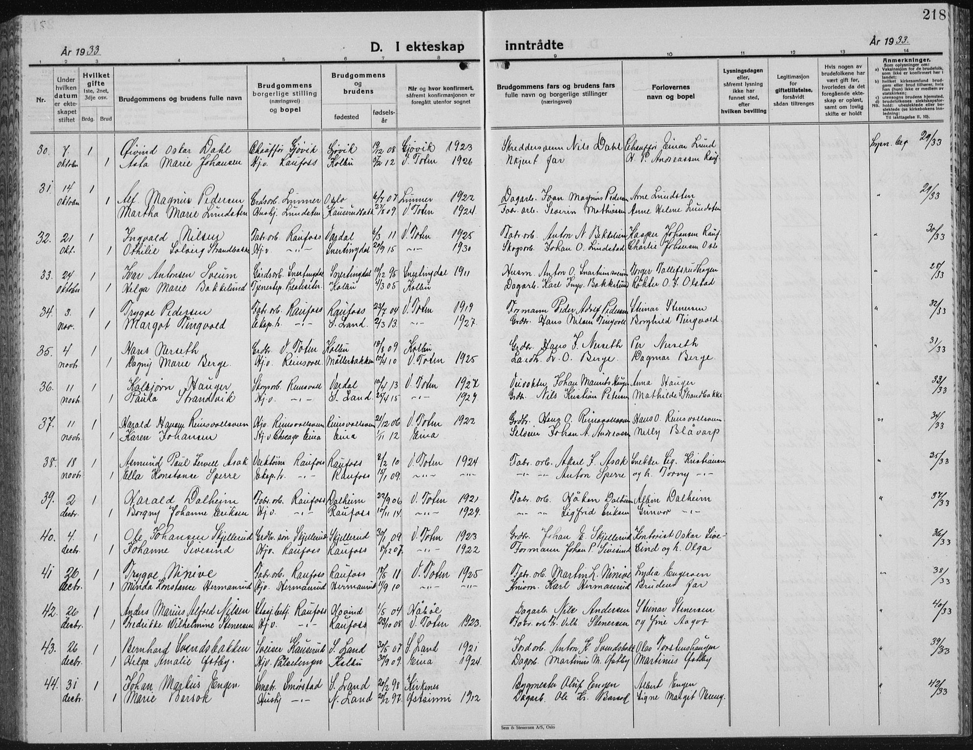 Vestre Toten prestekontor, SAH/PREST-108/H/Ha/Hab/L0018: Klokkerbok nr. 18, 1928-1941, s. 218