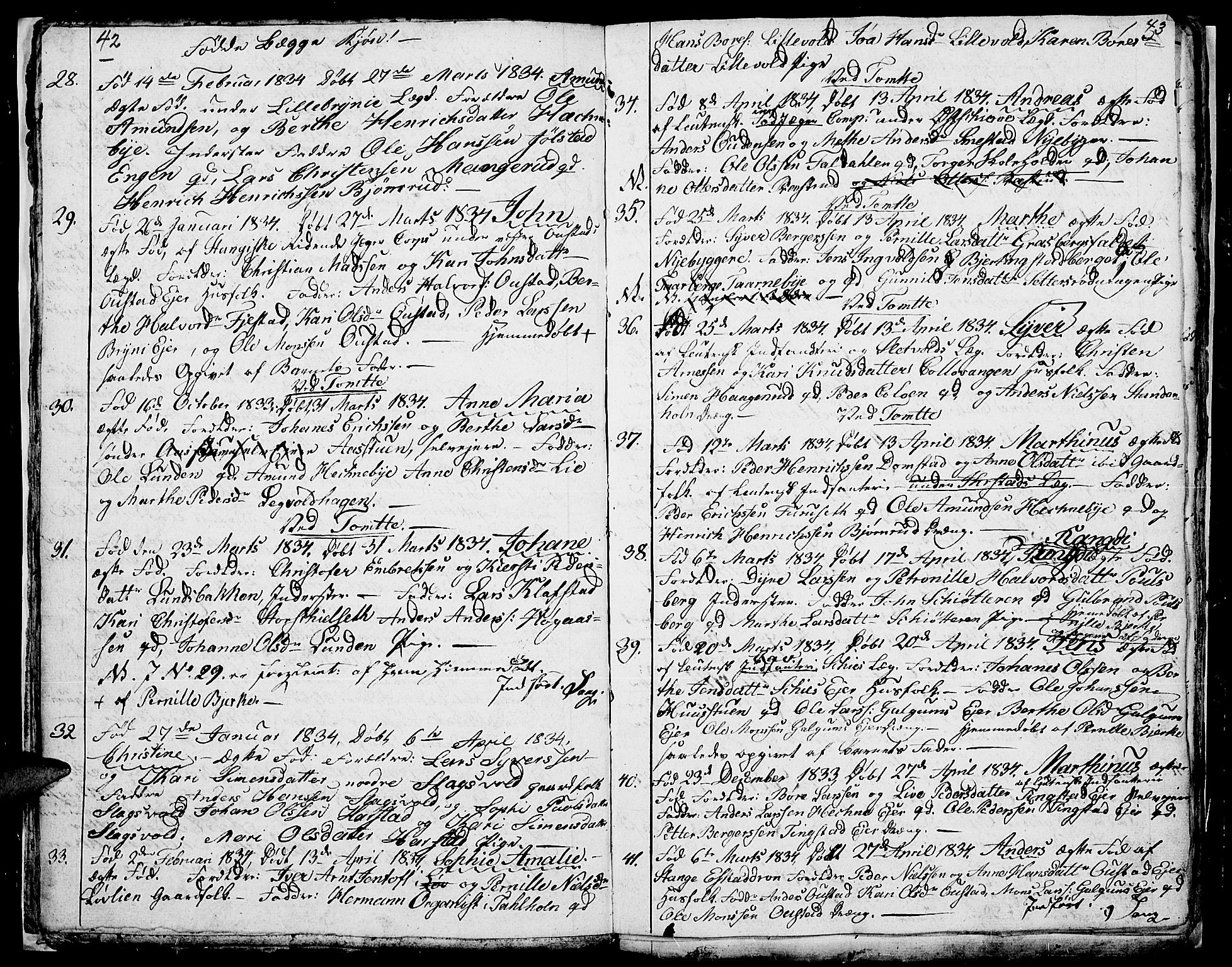 Romedal prestekontor, AV/SAH-PREST-004/L/L0007: Klokkerbok nr. 7, 1831-1837, s. 42-43