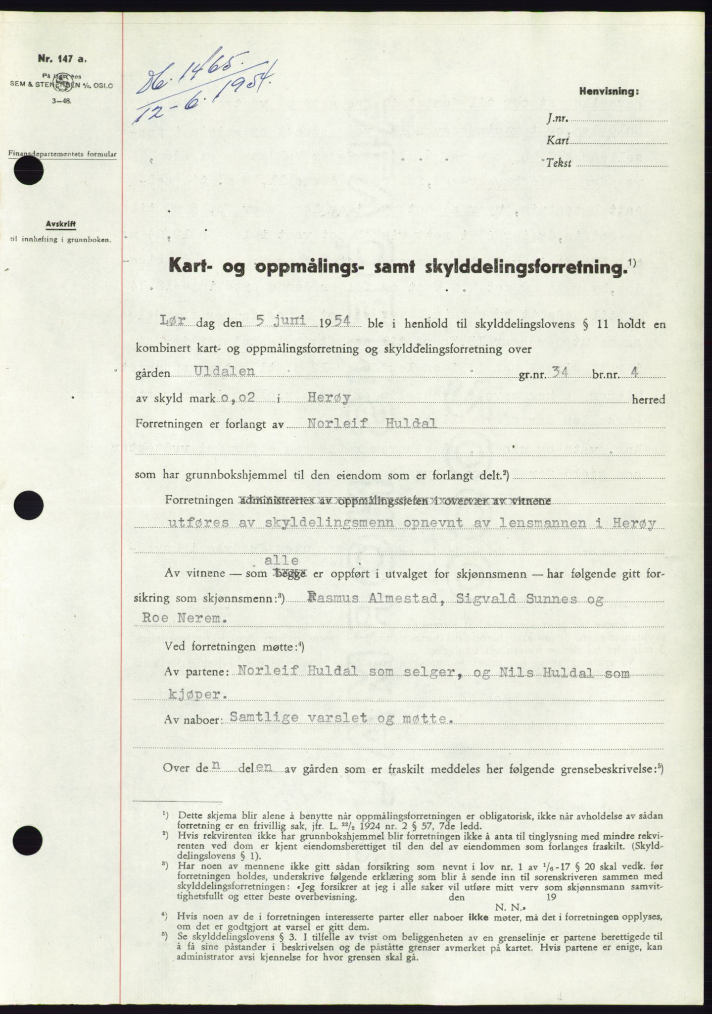 Søre Sunnmøre sorenskriveri, SAT/A-4122/1/2/2C/L0098: Pantebok nr. 24A, 1954-1954, Dagboknr: 1465/1954