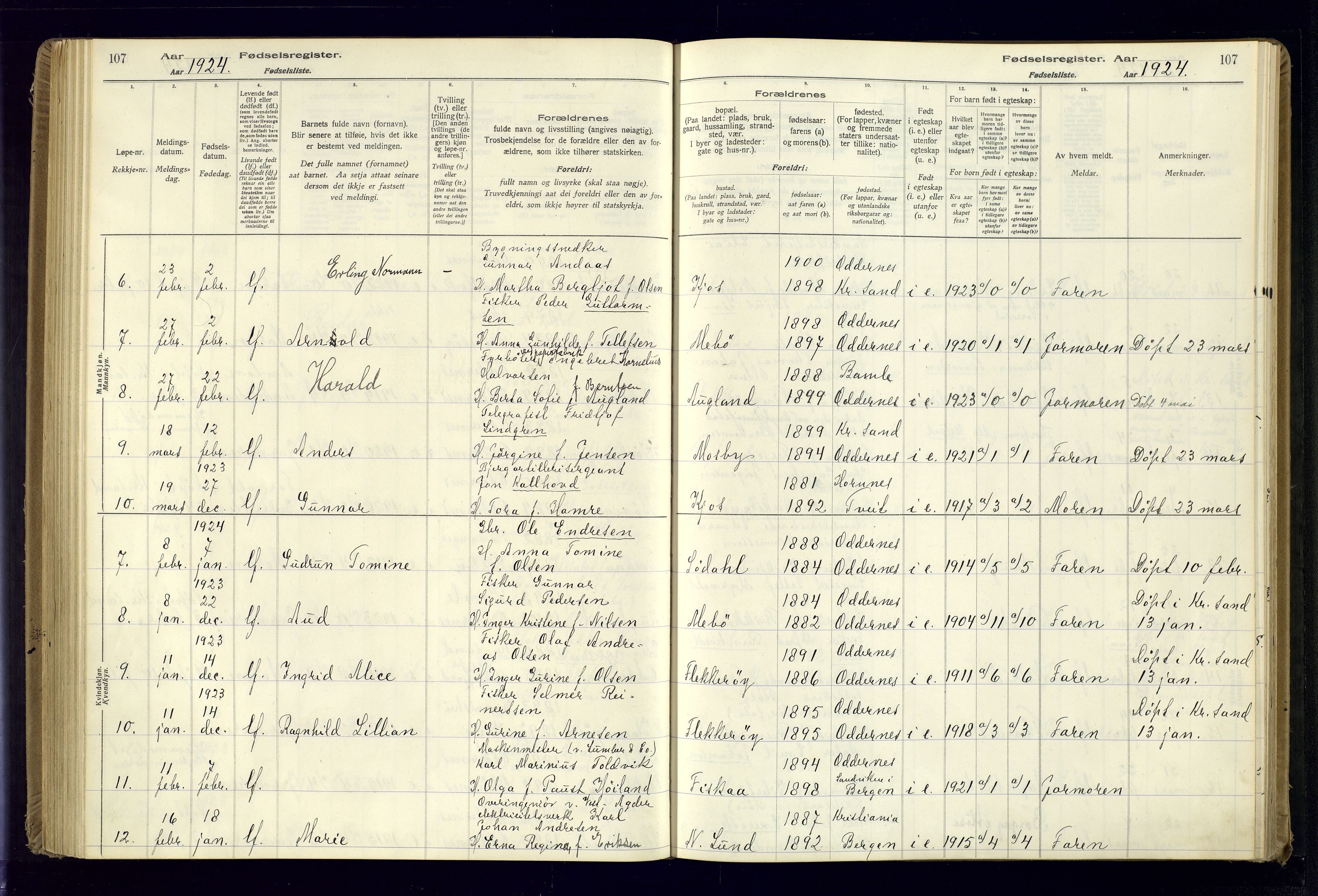 Oddernes sokneprestkontor, AV/SAK-1111-0033/J/Ja/L0001: Fødselsregister nr. 1, 1916-1935, s. 107