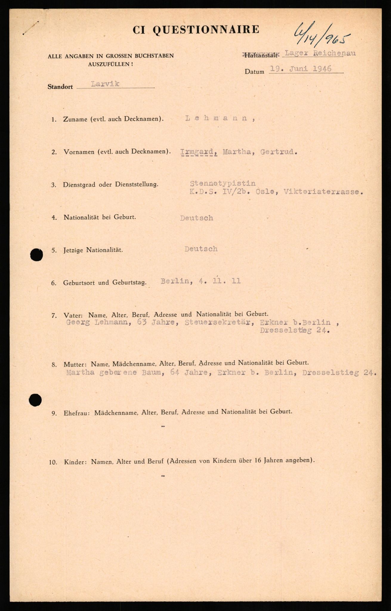 Forsvaret, Forsvarets overkommando II, AV/RA-RAFA-3915/D/Db/L0019: CI Questionaires. Tyske okkupasjonsstyrker i Norge. Tyskere., 1945-1946, s. 580