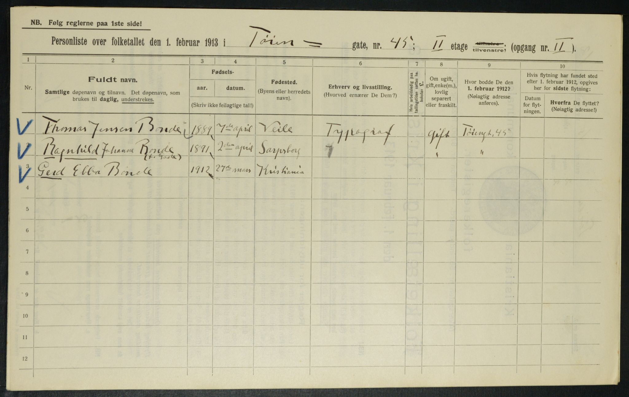 OBA, Kommunal folketelling 1.2.1913 for Kristiania, 1913, s. 118626