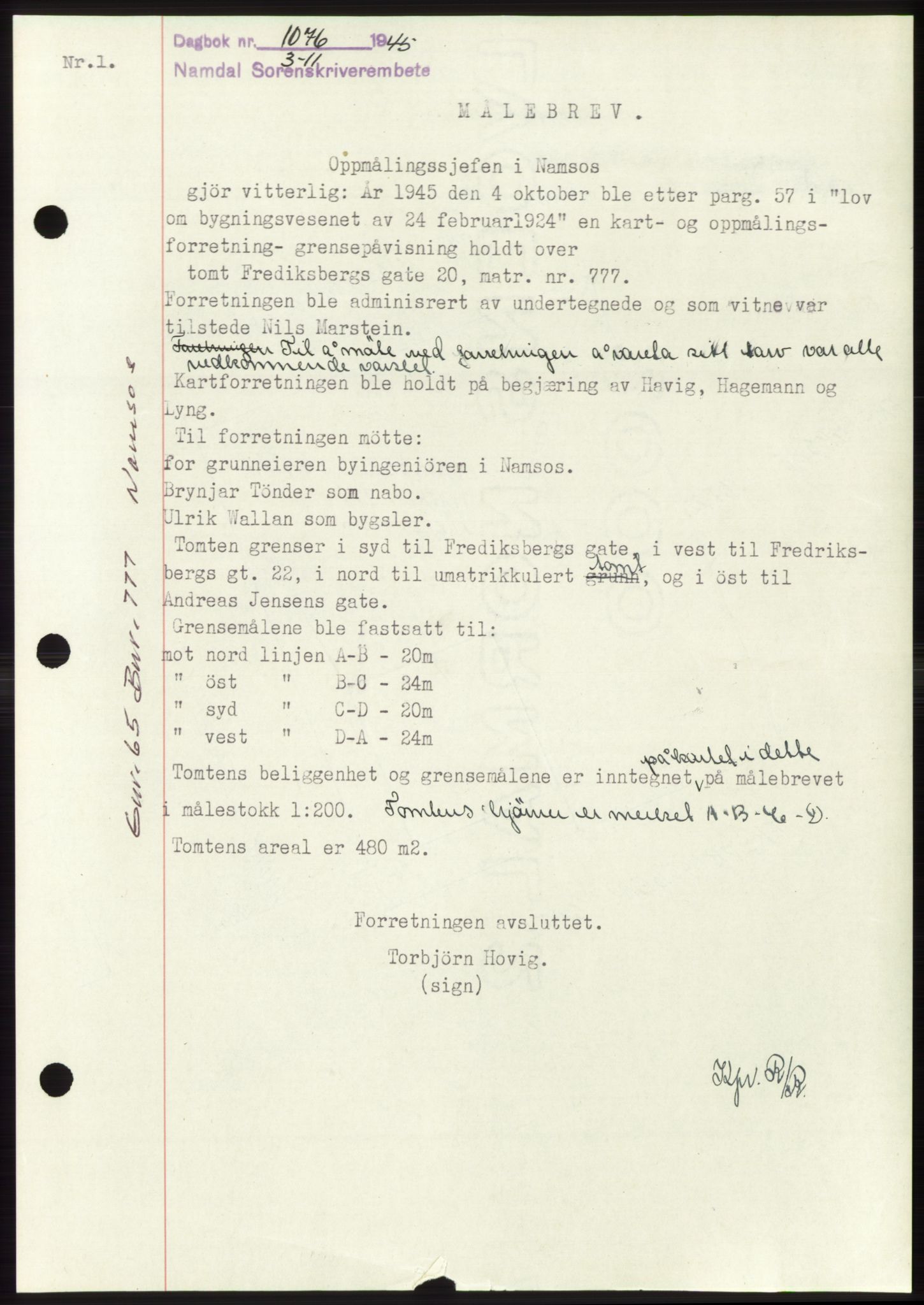 Namdal sorenskriveri, SAT/A-4133/1/2/2C: Pantebok nr. -, 1944-1945, Dagboknr: 1076/1945