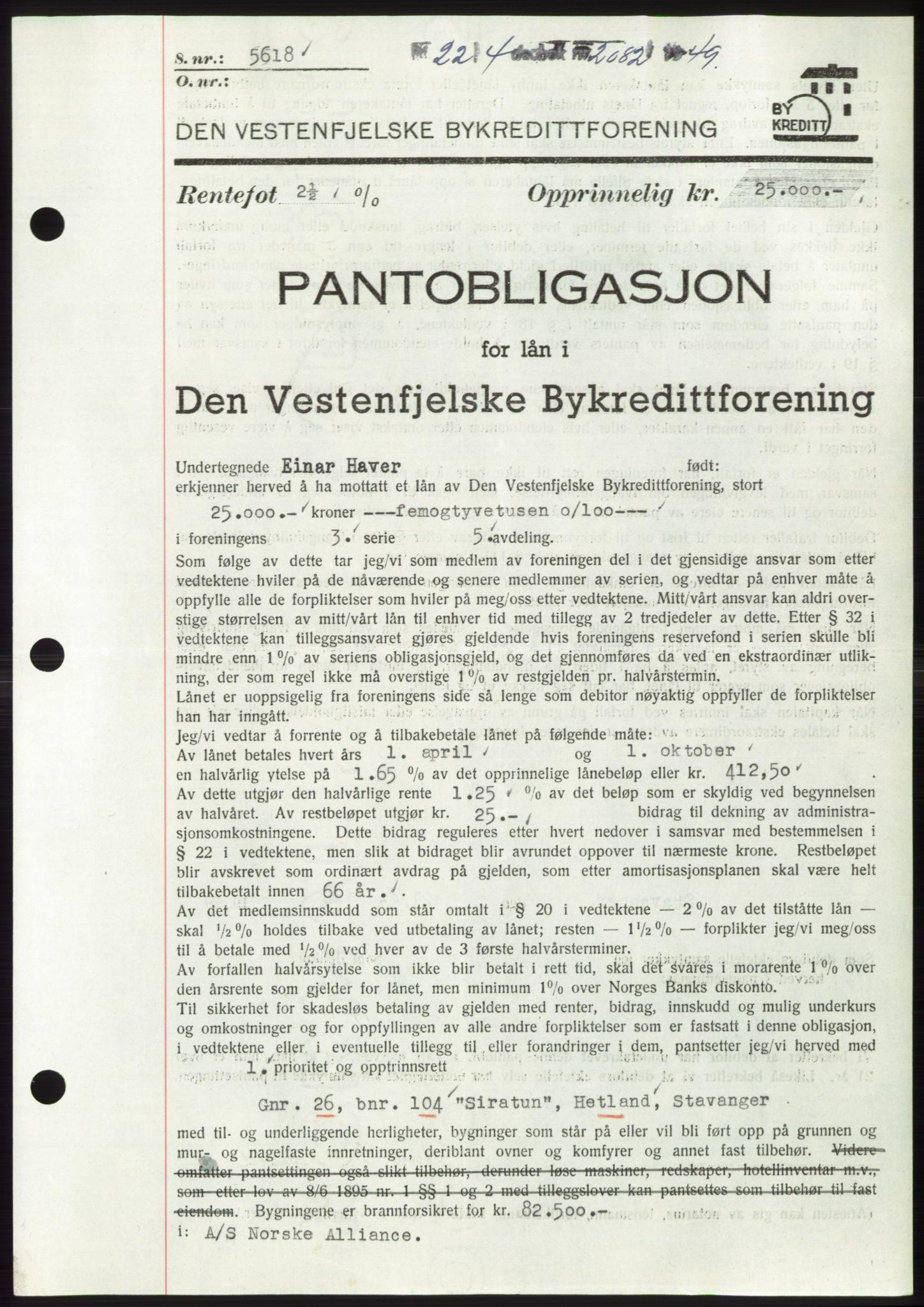 Jæren sorenskriveri, SAST/A-100310/03/G/Gba/L0102: Pantebok, 1949-1949, Dagboknr: 2082/1949