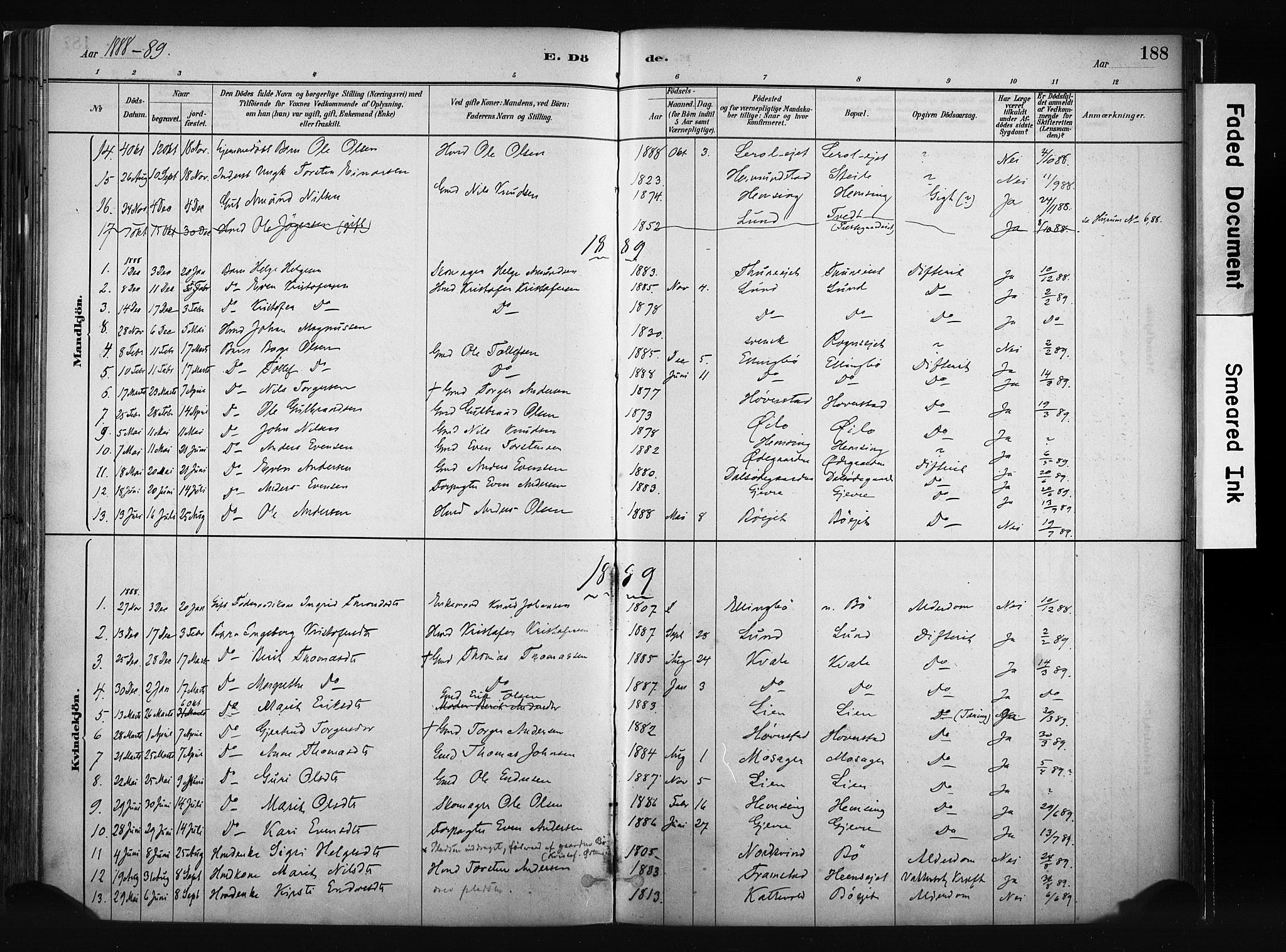 Vang prestekontor, Valdres, AV/SAH-PREST-140/H/Ha/L0008: Ministerialbok nr. 8, 1882-1910, s. 188