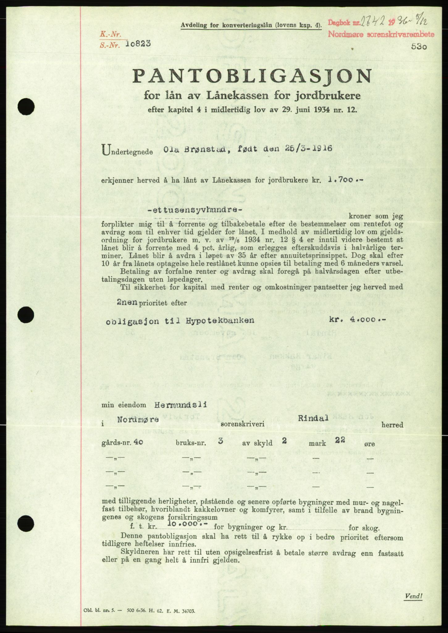 Nordmøre sorenskriveri, AV/SAT-A-4132/1/2/2Ca/L0090: Pantebok nr. B80, 1936-1937, Dagboknr: 2742/1936