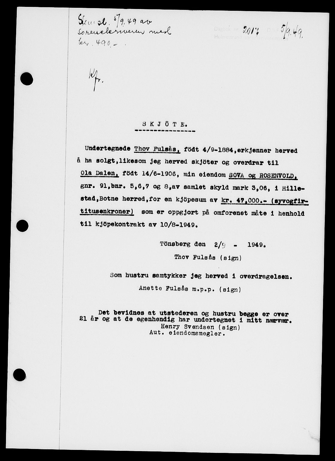 Holmestrand sorenskriveri, SAKO/A-67/G/Ga/Gaa/L0067: Pantebok nr. A-67, 1949-1949, Dagboknr: 2017/1949