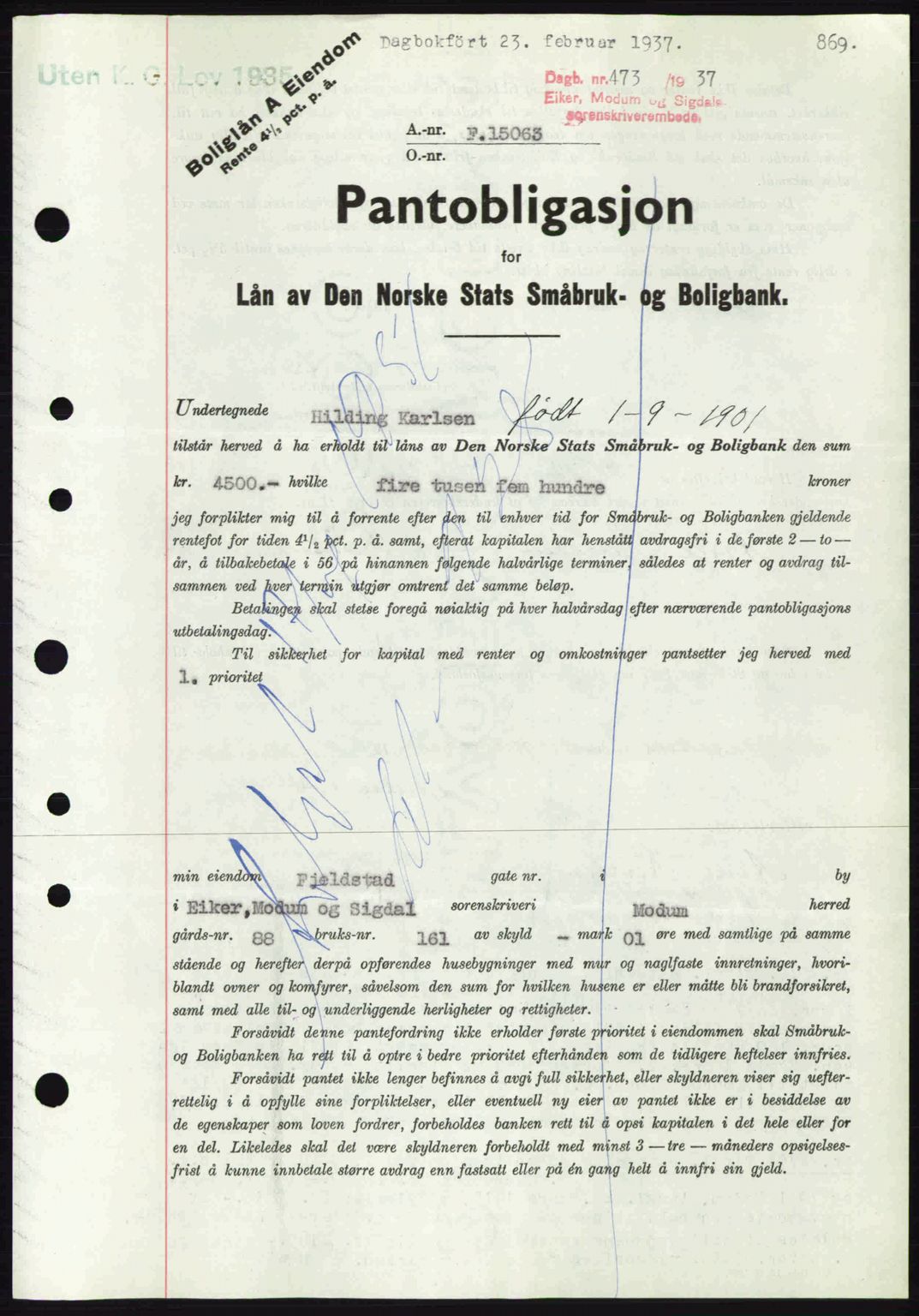 Eiker, Modum og Sigdal sorenskriveri, SAKO/A-123/G/Ga/Gab/L0034: Pantebok nr. A4, 1936-1937, Dagboknr: 473/1937