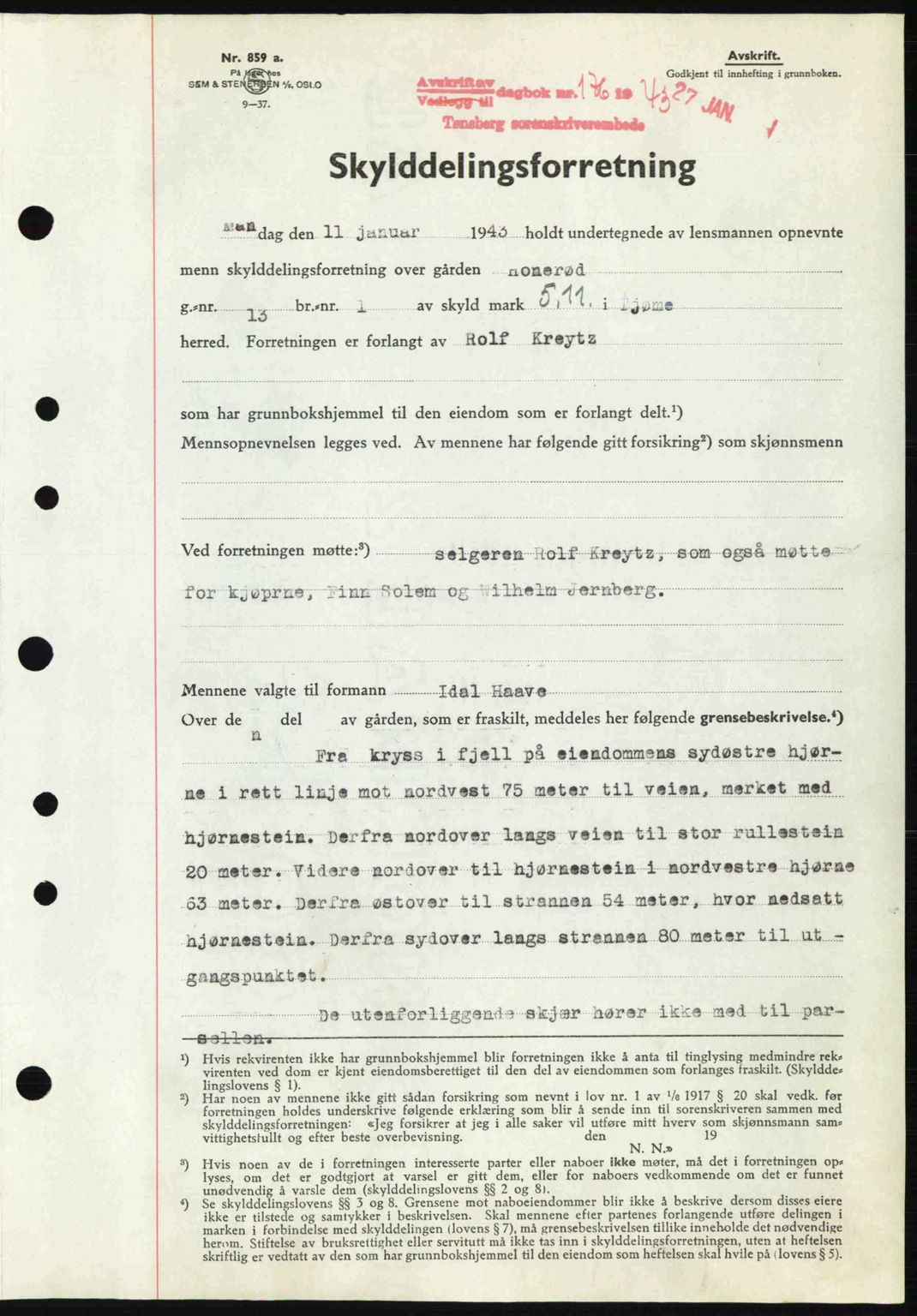 Tønsberg sorenskriveri, AV/SAKO-A-130/G/Ga/Gaa/L0012: Pantebok nr. A12, 1942-1943, Dagboknr: 176/1943