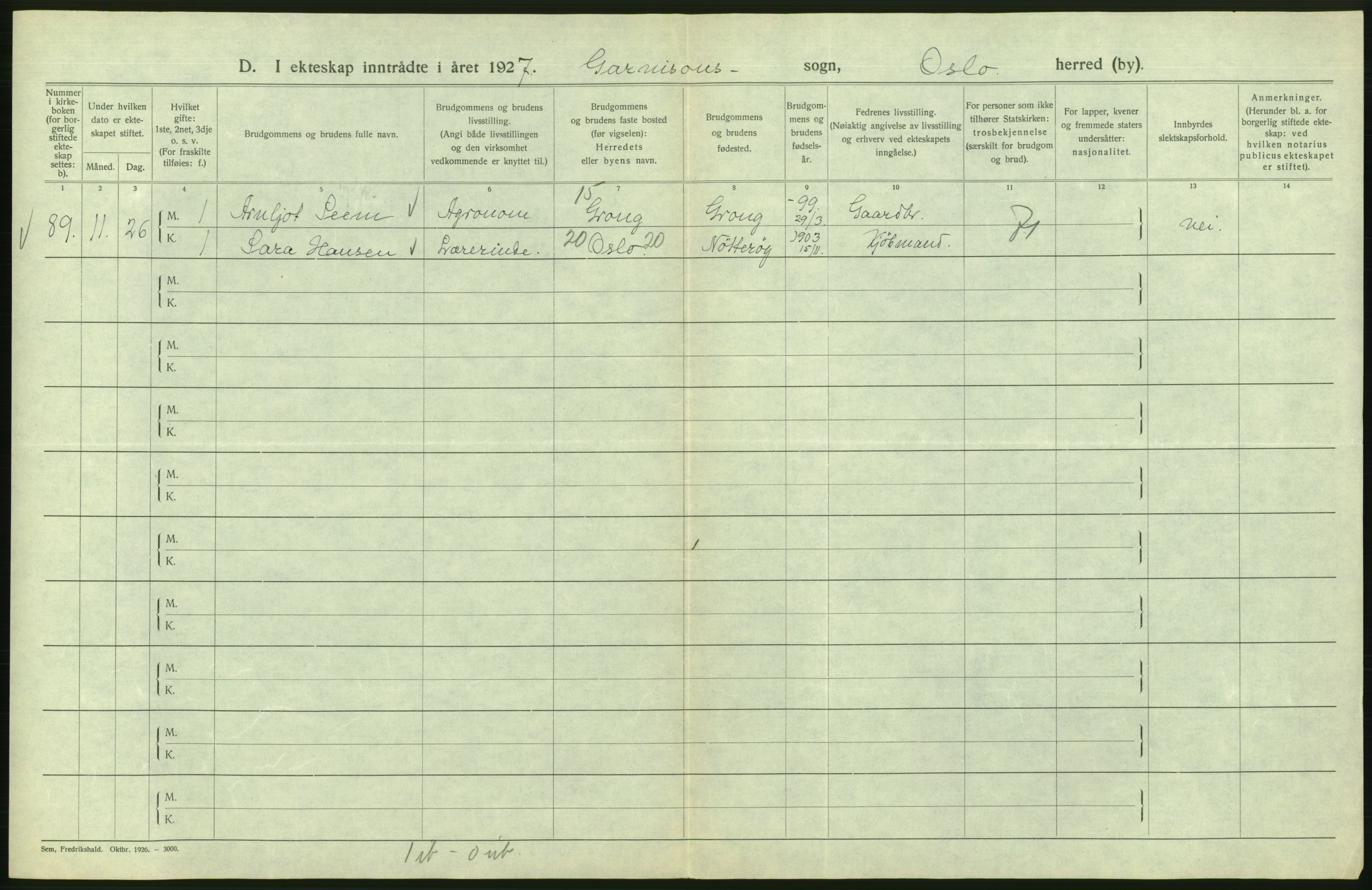 Statistisk sentralbyrå, Sosiodemografiske emner, Befolkning, RA/S-2228/D/Df/Dfc/Dfcg/L0008: Oslo: Gifte, 1927, s. 672