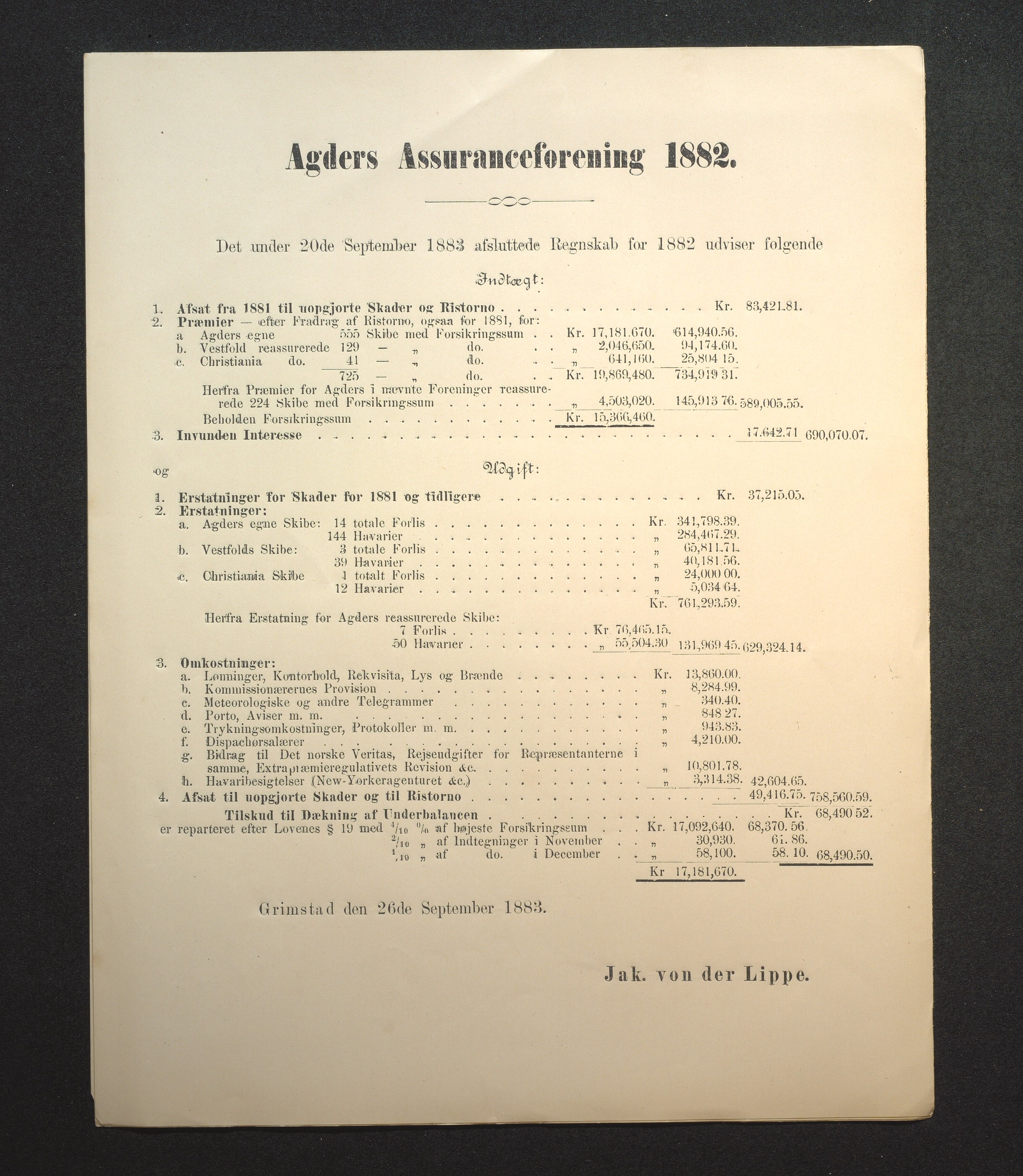 Agders Gjensidige Assuranceforening, AAKS/PA-1718/05/L0002: Regnskap, seilavdeling, pakkesak, 1881-1889