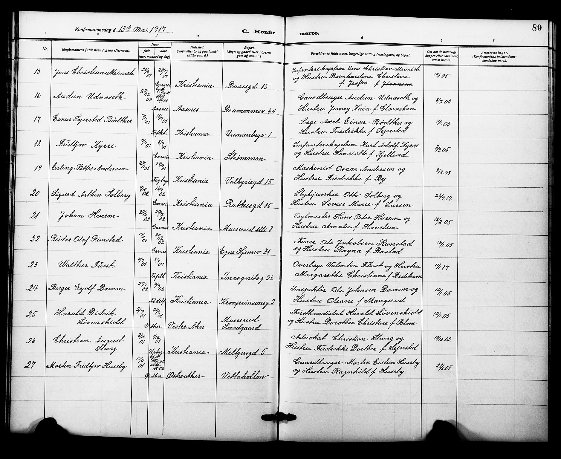 Garnisonsmenigheten Kirkebøker, AV/SAO-A-10846/F/Fa/L0015: Ministerialbok nr. 15, 1915-1921, s. 89