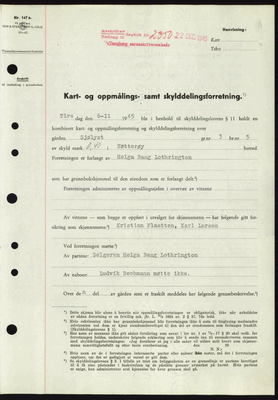 Tønsberg sorenskriveri, AV/SAKO-A-130/G/Ga/Gaa/L0017a: Pantebok nr. A17a, 1945-1945, Dagboknr: 2350/1945