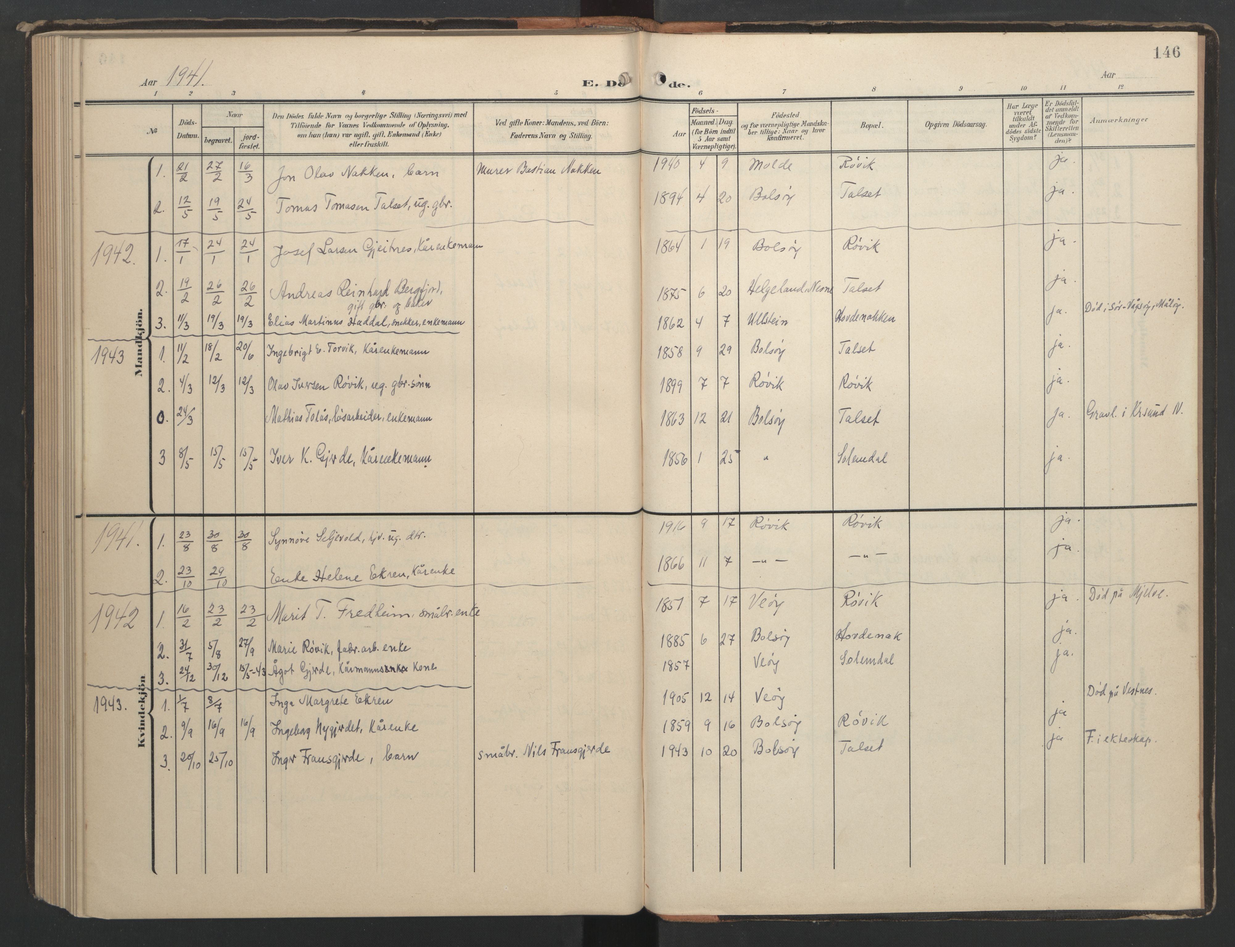 Ministerialprotokoller, klokkerbøker og fødselsregistre - Møre og Romsdal, AV/SAT-A-1454/556/L0677: Klokkerbok nr. 556C01, 1907-1953, s. 146
