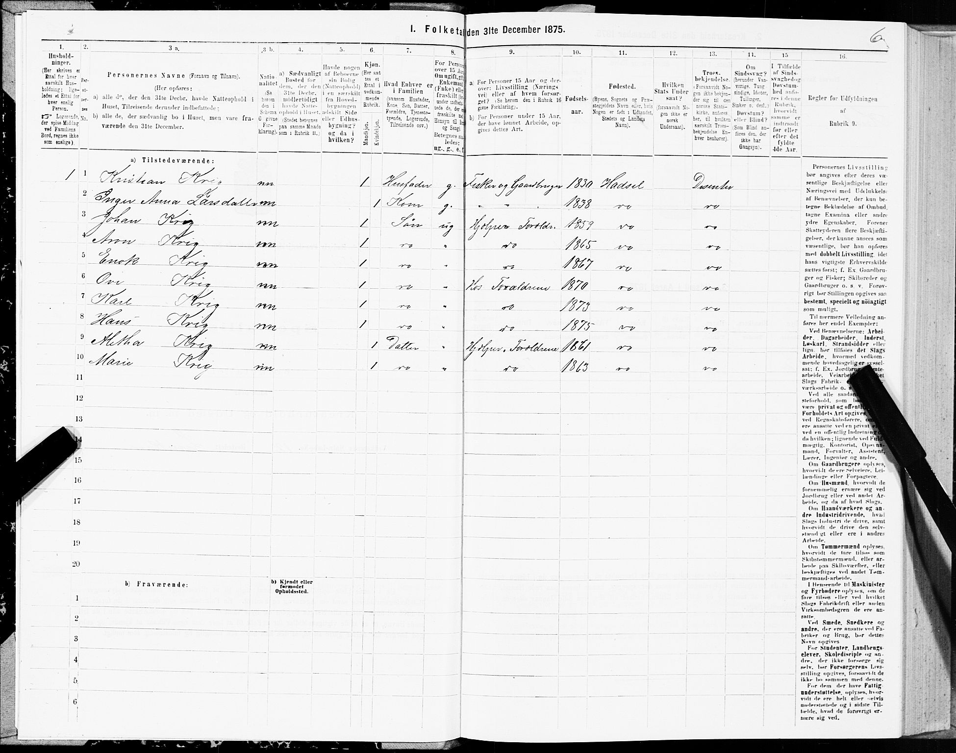 SAT, Folketelling 1875 for 1866P Hadsel prestegjeld, 1875, s. 1006