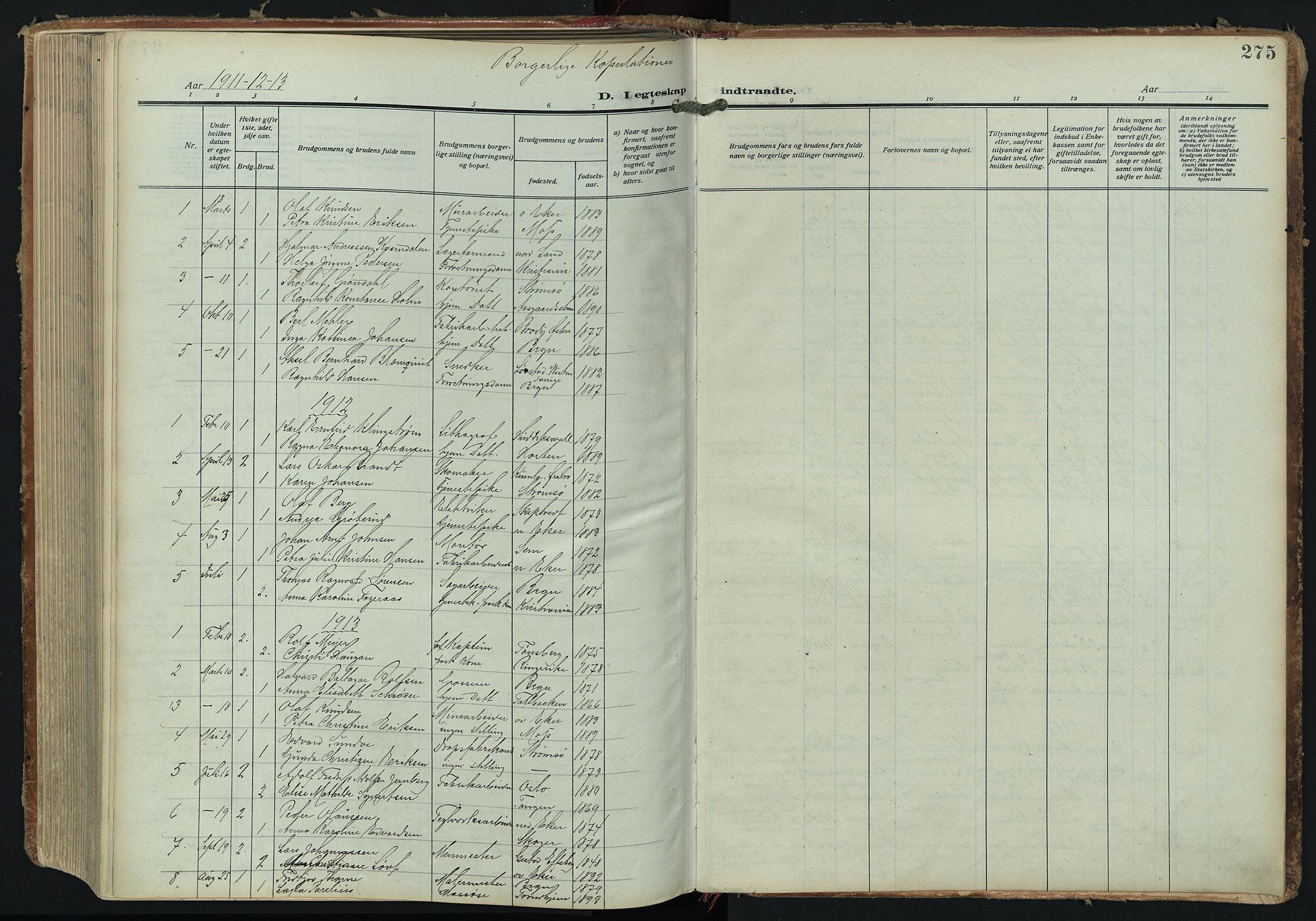 Bragernes kirkebøker, AV/SAKO-A-6/F/Fc/L0008: Ministerialbok nr. III 8, 1909-1921, s. 275