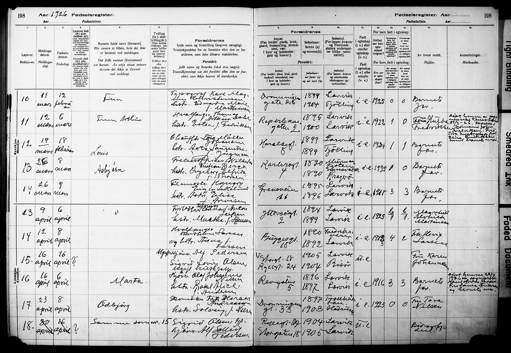 Larvik kirkebøker, AV/SAKO-A-352/J/Ja/L0001: Fødselsregister nr. I 1, 1916-1926, s. 198