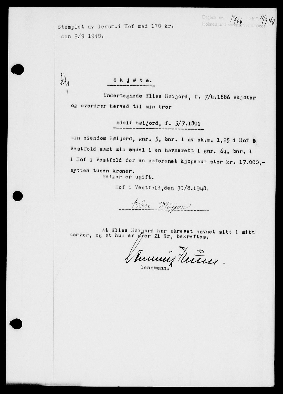 Holmestrand sorenskriveri, SAKO/A-67/G/Ga/Gaa/L0064: Pantebok nr. A-64, 1948-1948, Dagboknr: 1706/1948