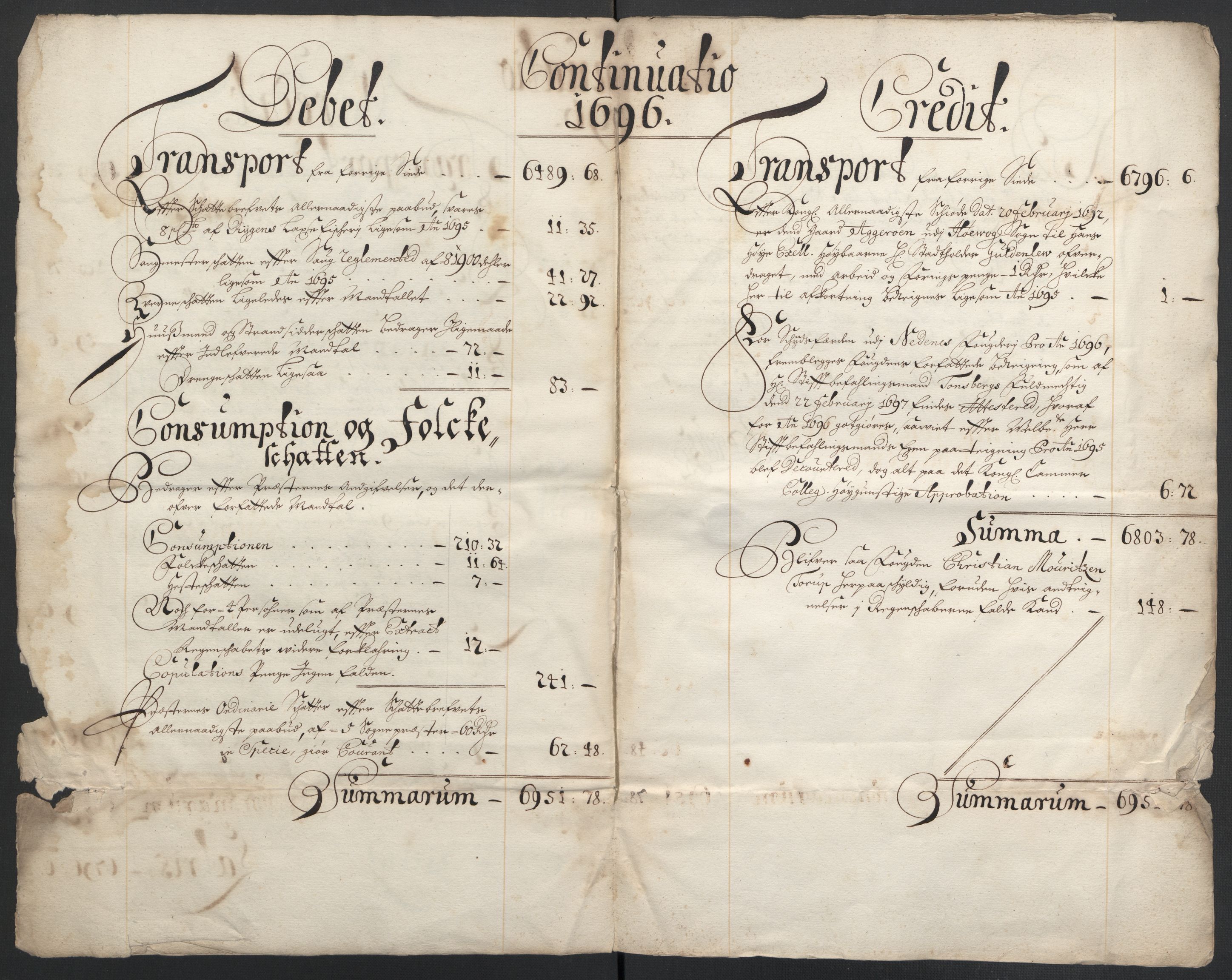 Rentekammeret inntil 1814, Reviderte regnskaper, Fogderegnskap, AV/RA-EA-4092/R39/L2313: Fogderegnskap Nedenes, 1696-1697, s. 6