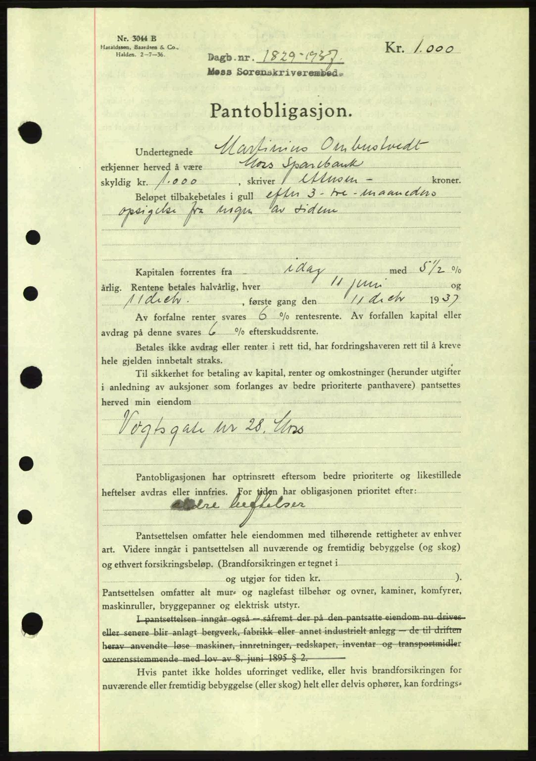 Moss sorenskriveri, SAO/A-10168: Pantebok nr. B4, 1937-1938, Dagboknr: 1829/1937