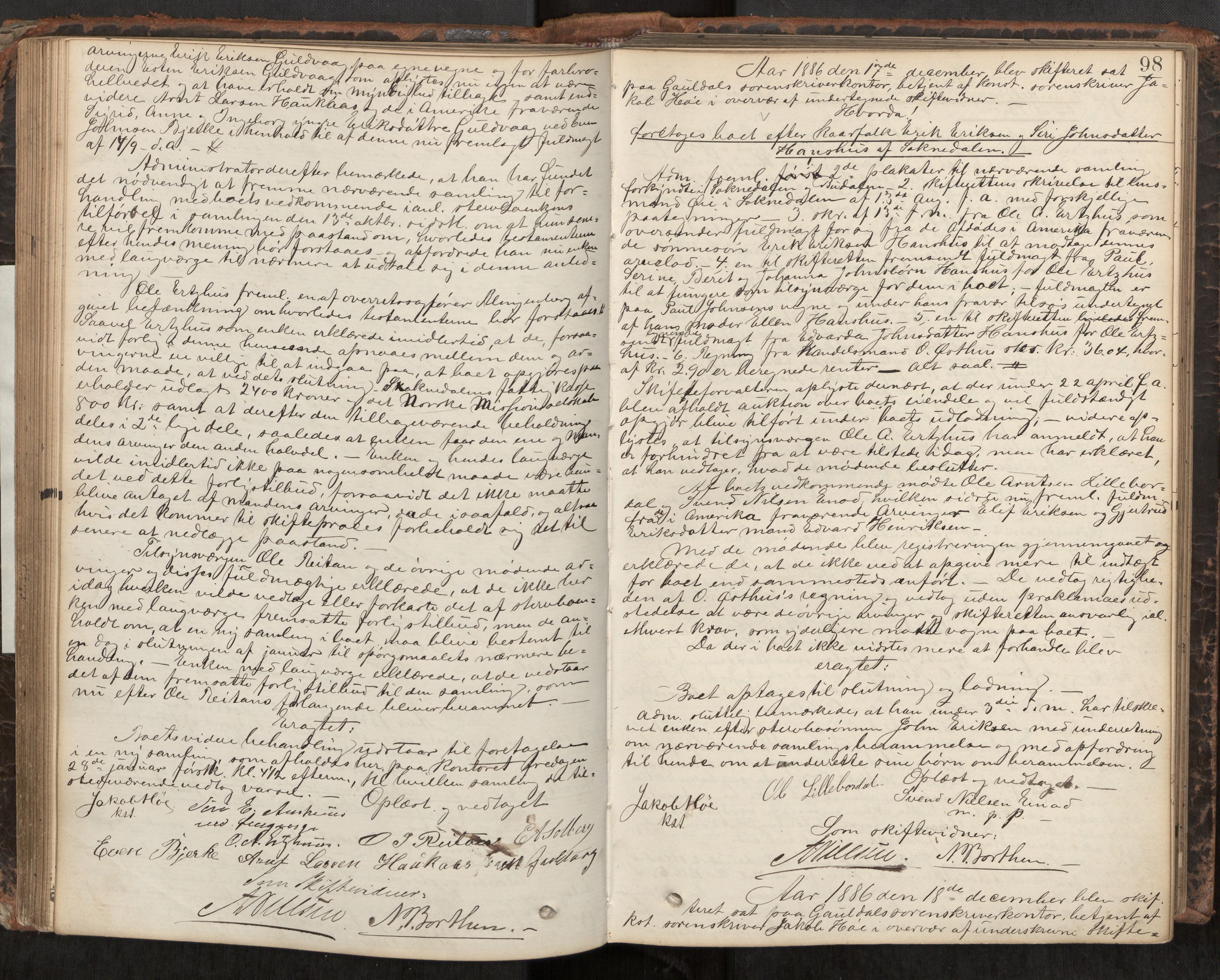 Gauldal sorenskriveri, AV/SAT-A-0014/1/3/3B/L0003: Skiftebehandlingsprotokoll, 1881-1896, s. 98