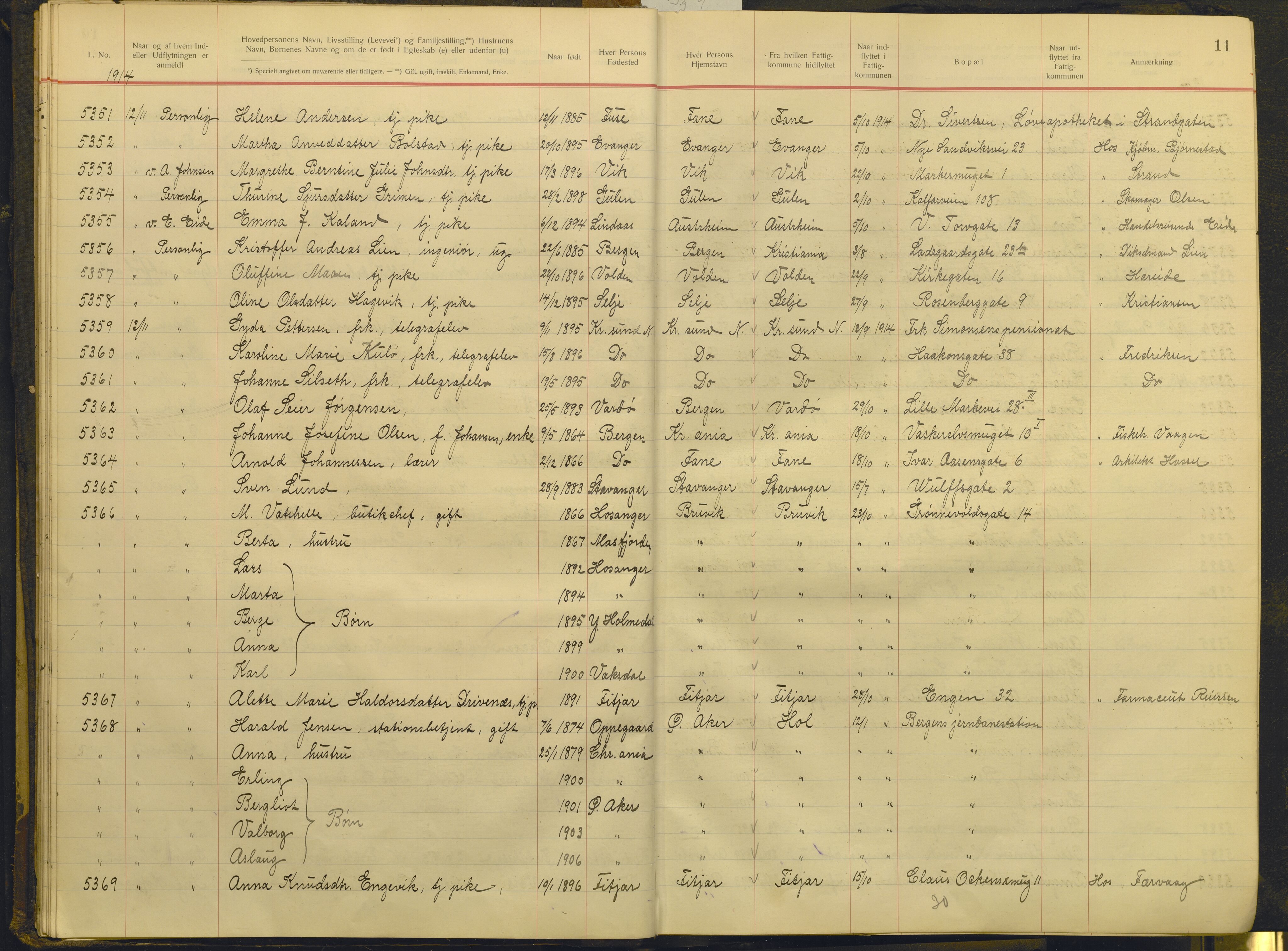 Bergen politikammer / politidistrikt, AV/SAB-A-60401/J.g/L0009: Protokoll over innflyttede, 1914-1917, s. 11