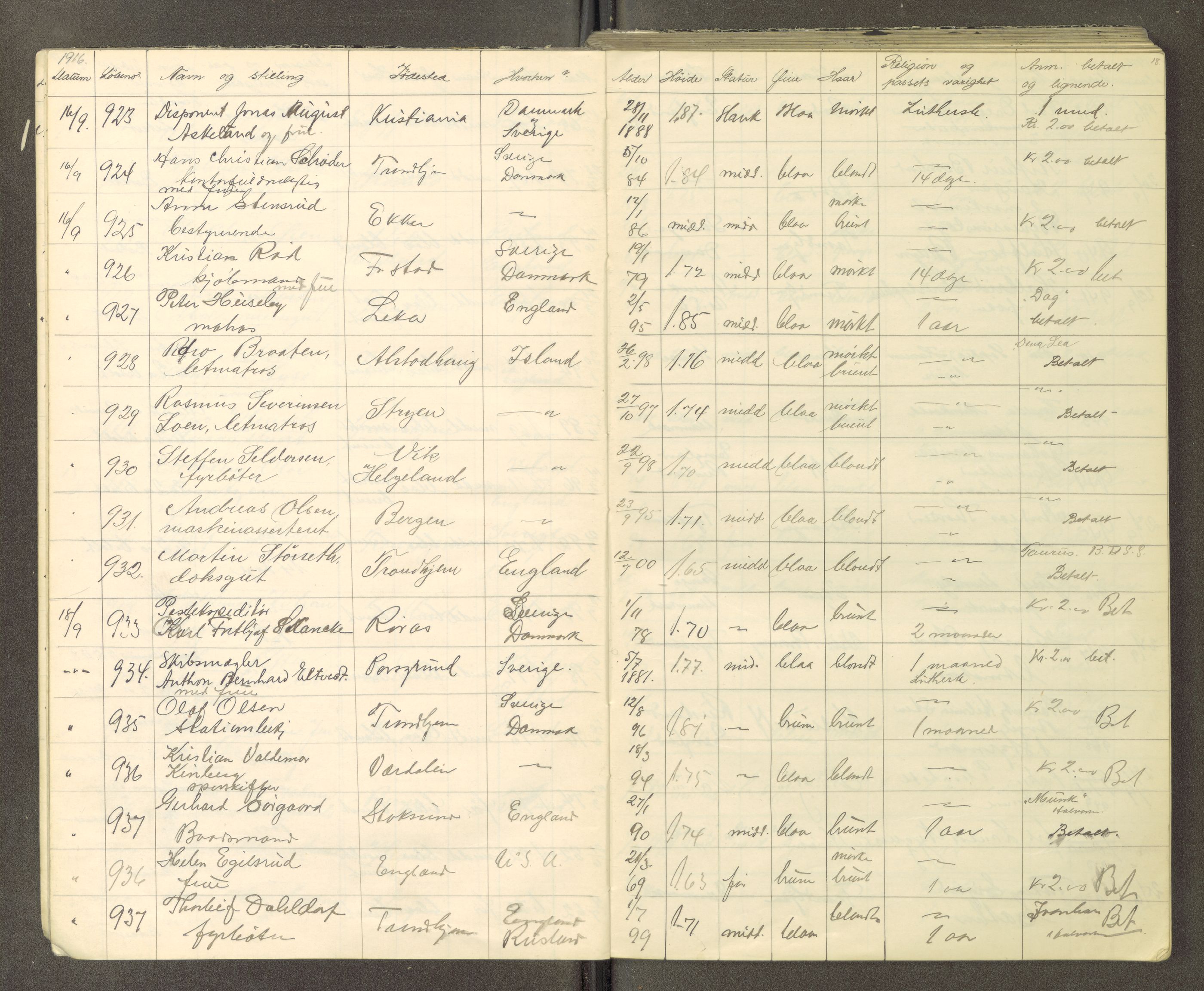 Trondheim politikammer, AV/SAT-A-1887/1/30/L0015: Passprotokoll. Utstedte pass, 1916-1918, s. 18