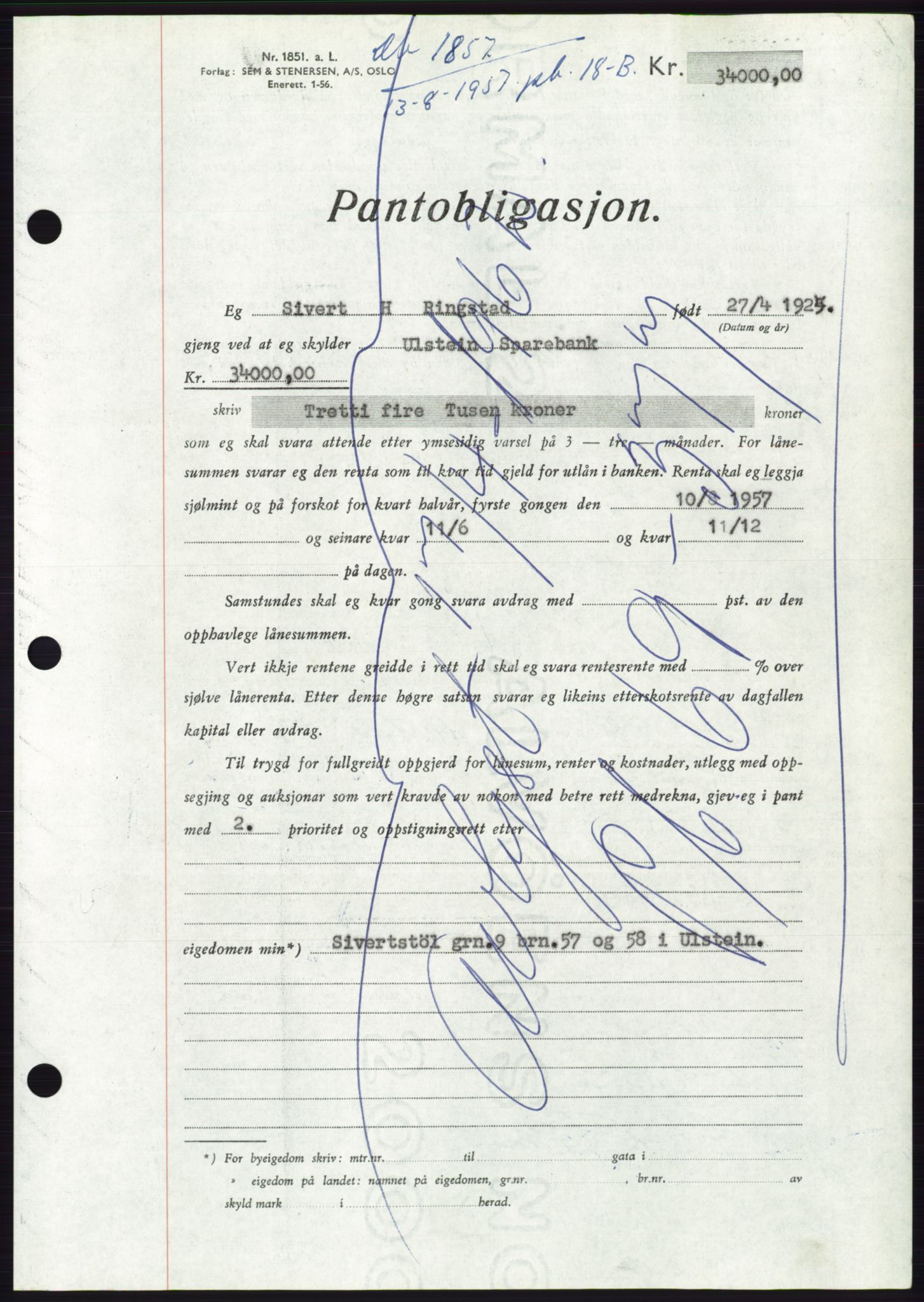 Søre Sunnmøre sorenskriveri, AV/SAT-A-4122/1/2/2C/L0130: Pantebok nr. 18B, 1957-1958, Dagboknr: 1857/1957