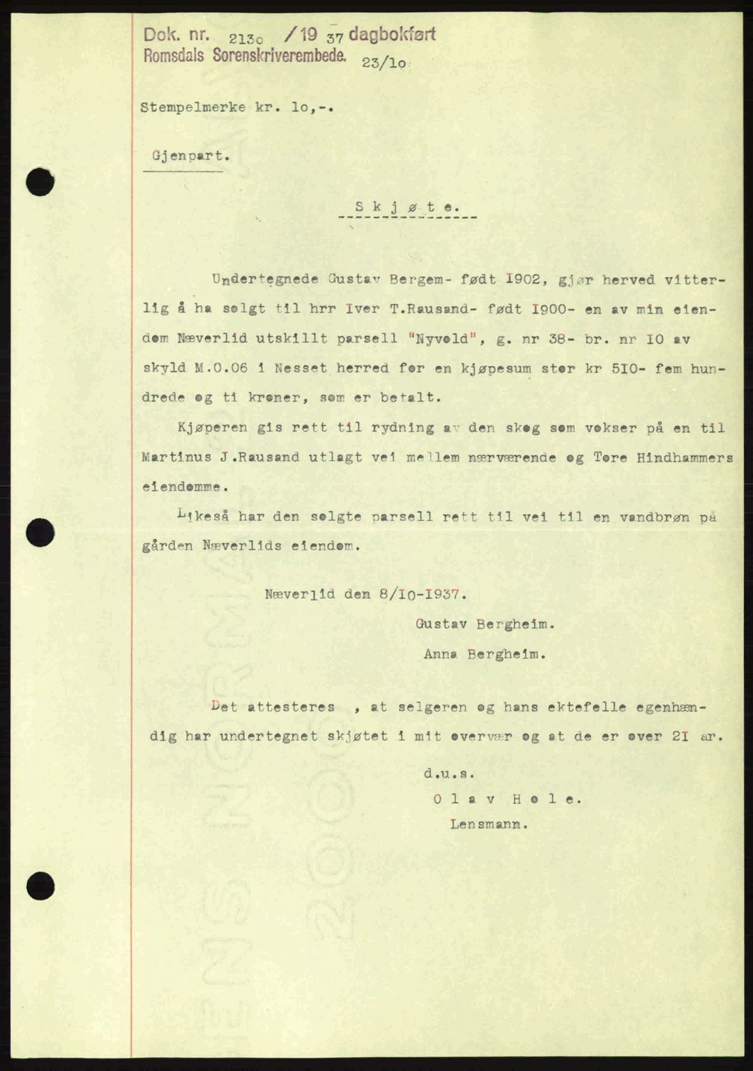Romsdal sorenskriveri, SAT/A-4149/1/2/2C: Pantebok nr. A4, 1937-1938, Dagboknr: 2130/1937