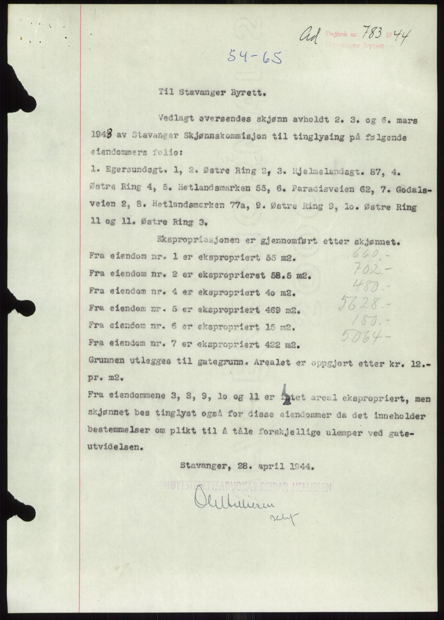 Stavanger byrett, AV/SAST-A-100455/002/G/Gb/L0033: Pantebok, 1936-1950, Dagboknr: 783/1944
