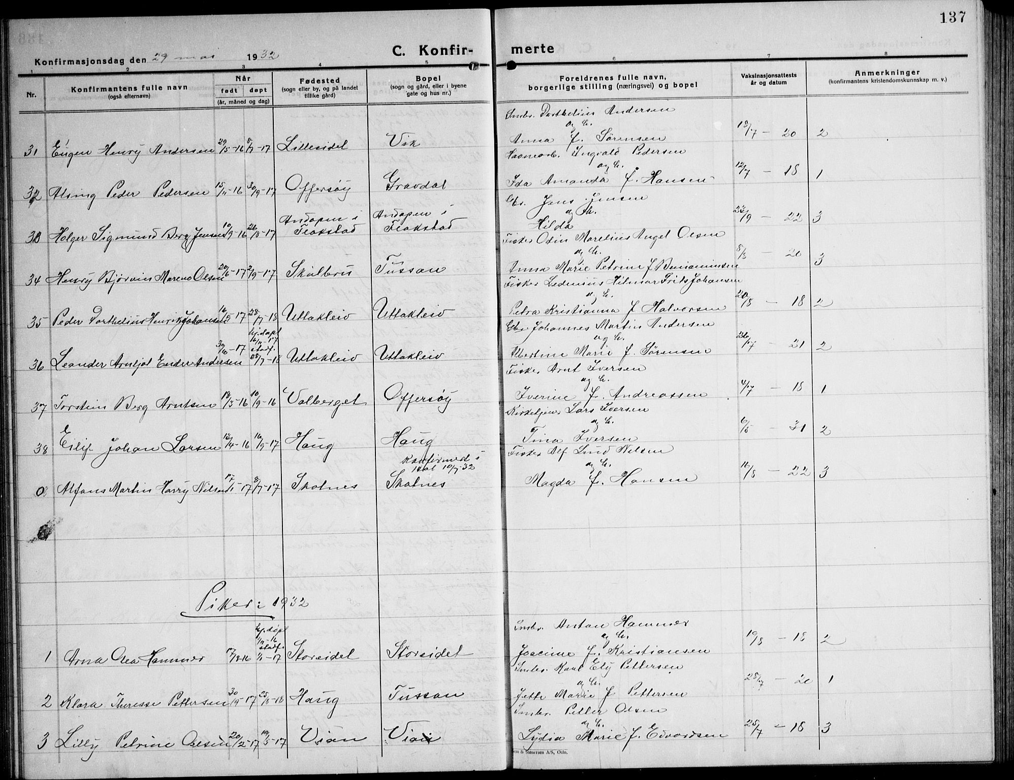 Ministerialprotokoller, klokkerbøker og fødselsregistre - Nordland, AV/SAT-A-1459/881/L1170: Klokkerbok nr. 881C07, 1930-1943, s. 137